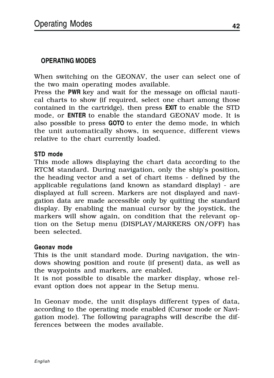 Navionics 10C, 11C manual Operating Modes, STD mode, Geonav mode 