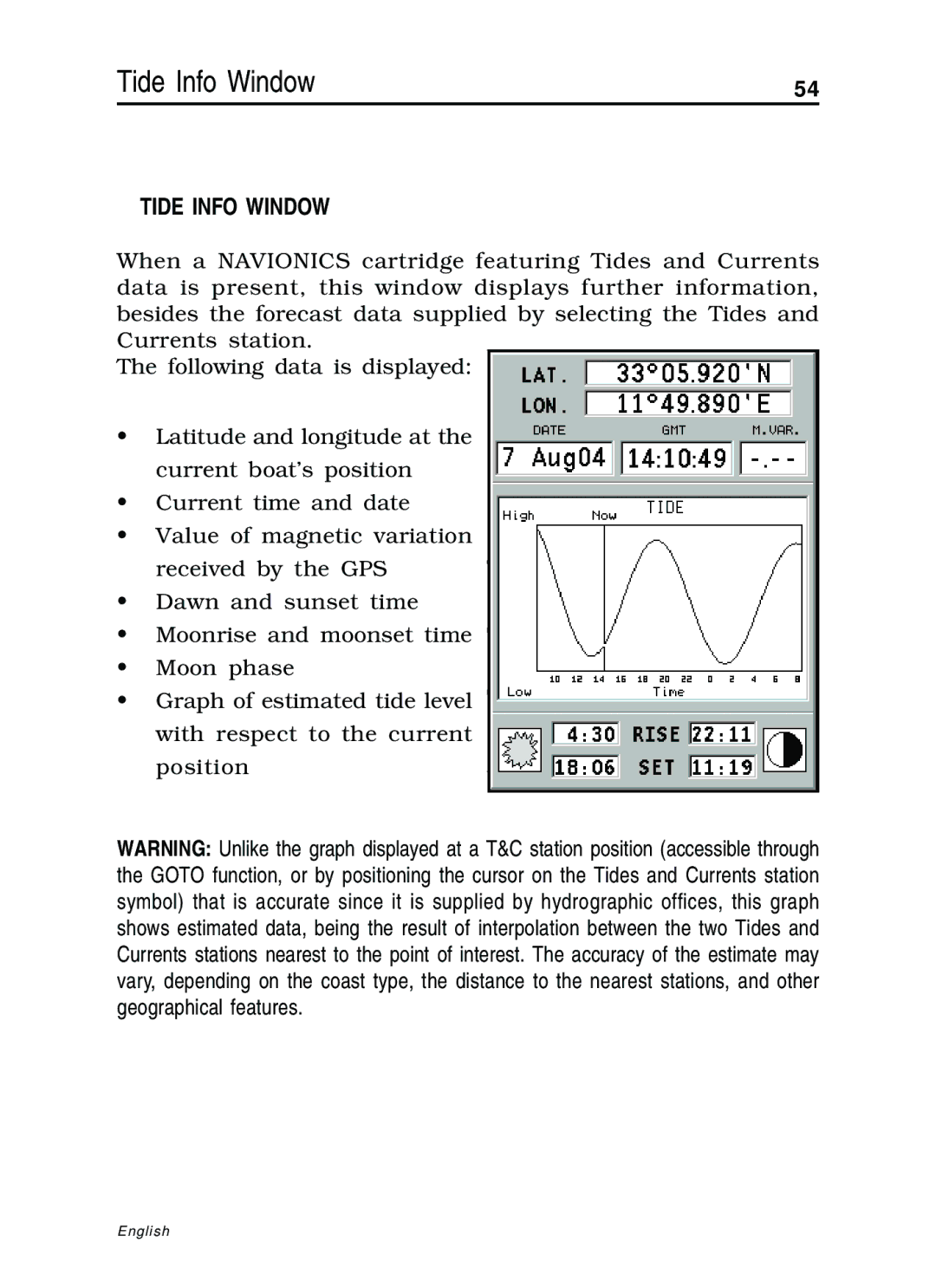 Navionics 10C, 11C manual Tide Info Window 