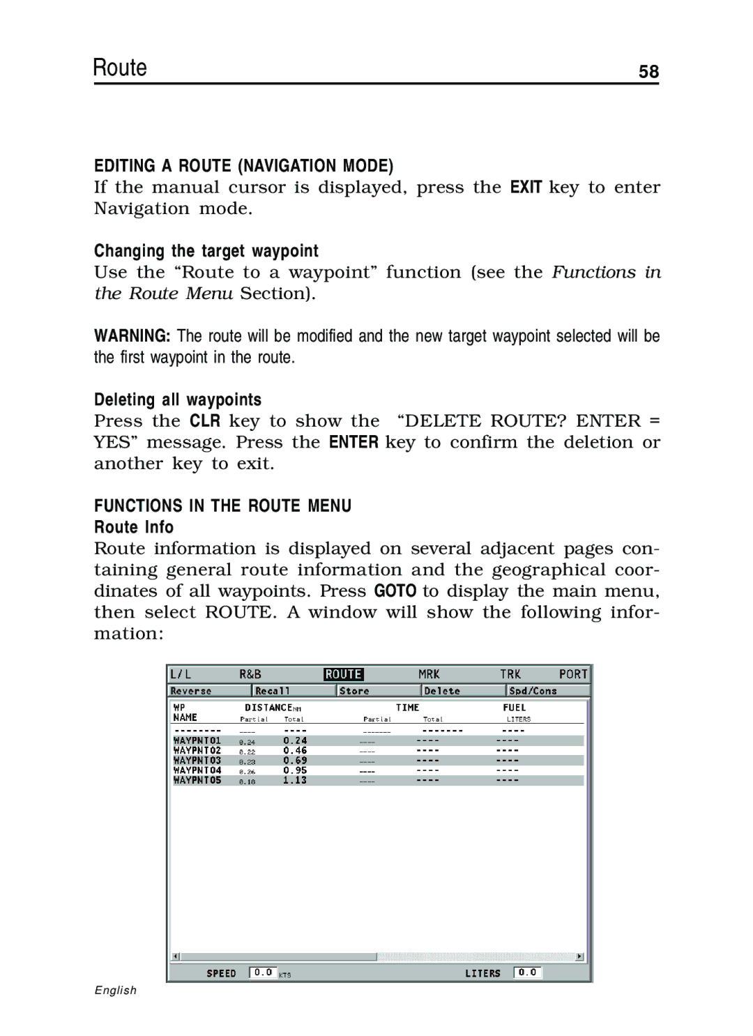 Navionics 10C, 11C manual Editing a Route Navigation Mode, Changing the target waypoint, Deleting all waypoints, Route Info 