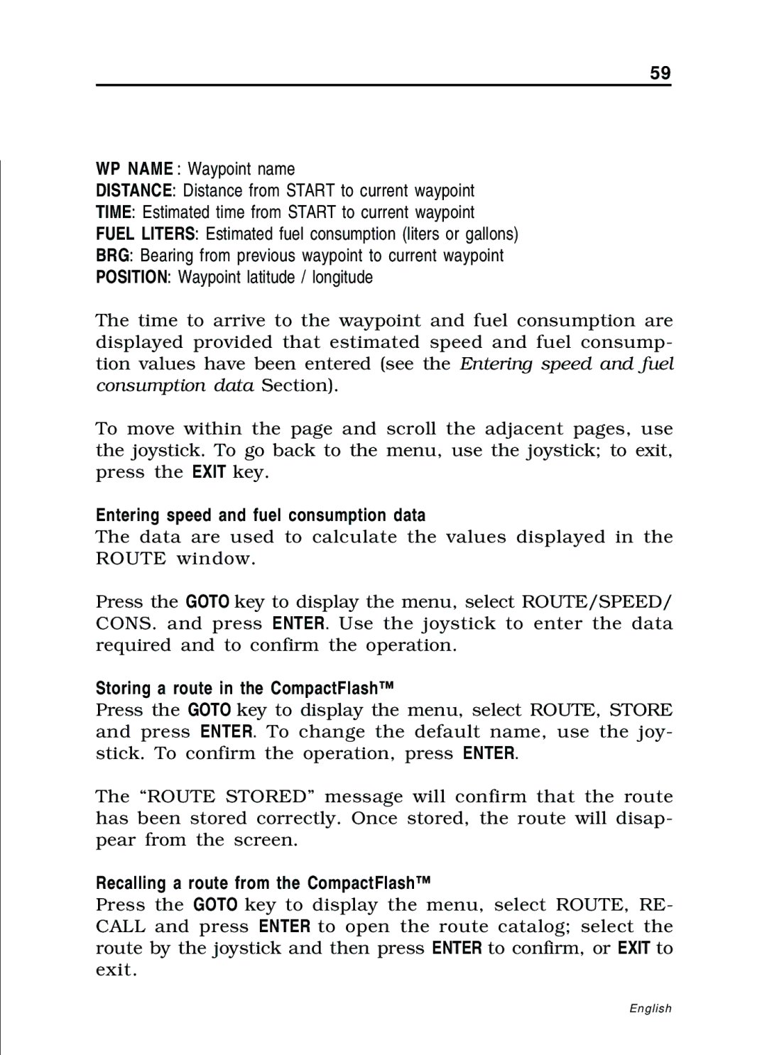 Navionics 11C, 10C manual Entering speed and fuel consumption data, Storing a route in the CompactFlash 