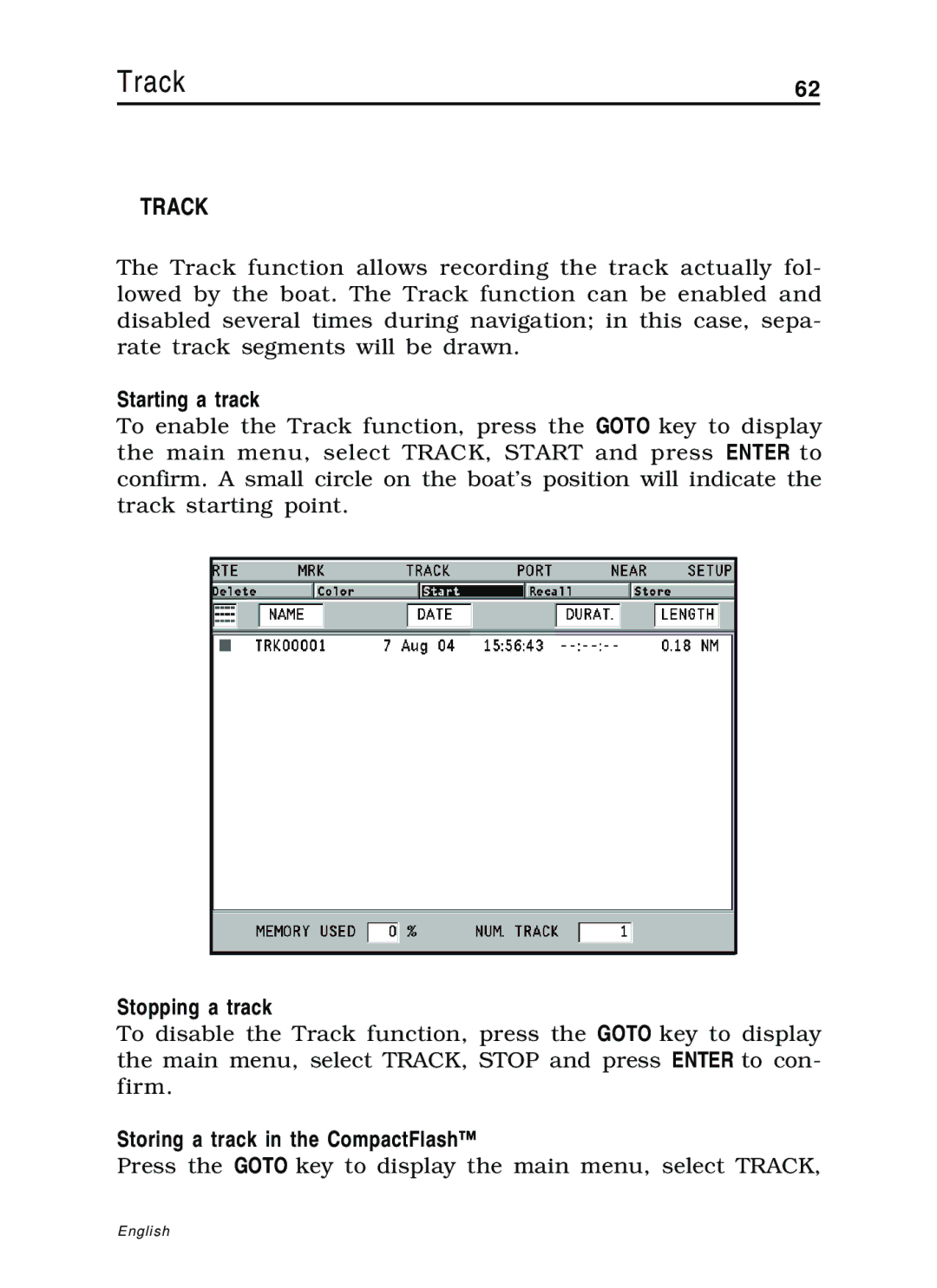 Navionics 10C, 11C manual Track, Starting a track, Stopping a track, Storing a track in the CompactFlash 