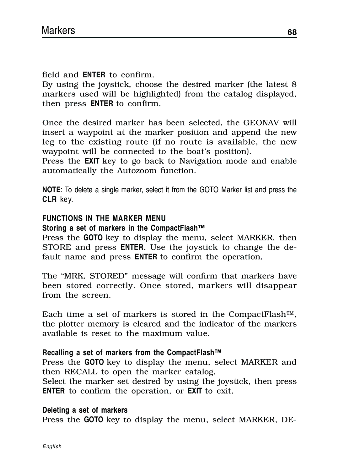 Navionics 10C, 11C Functions in the Marker Menu, Storing a set of markers in the CompactFlash, Deleting a set of markers 