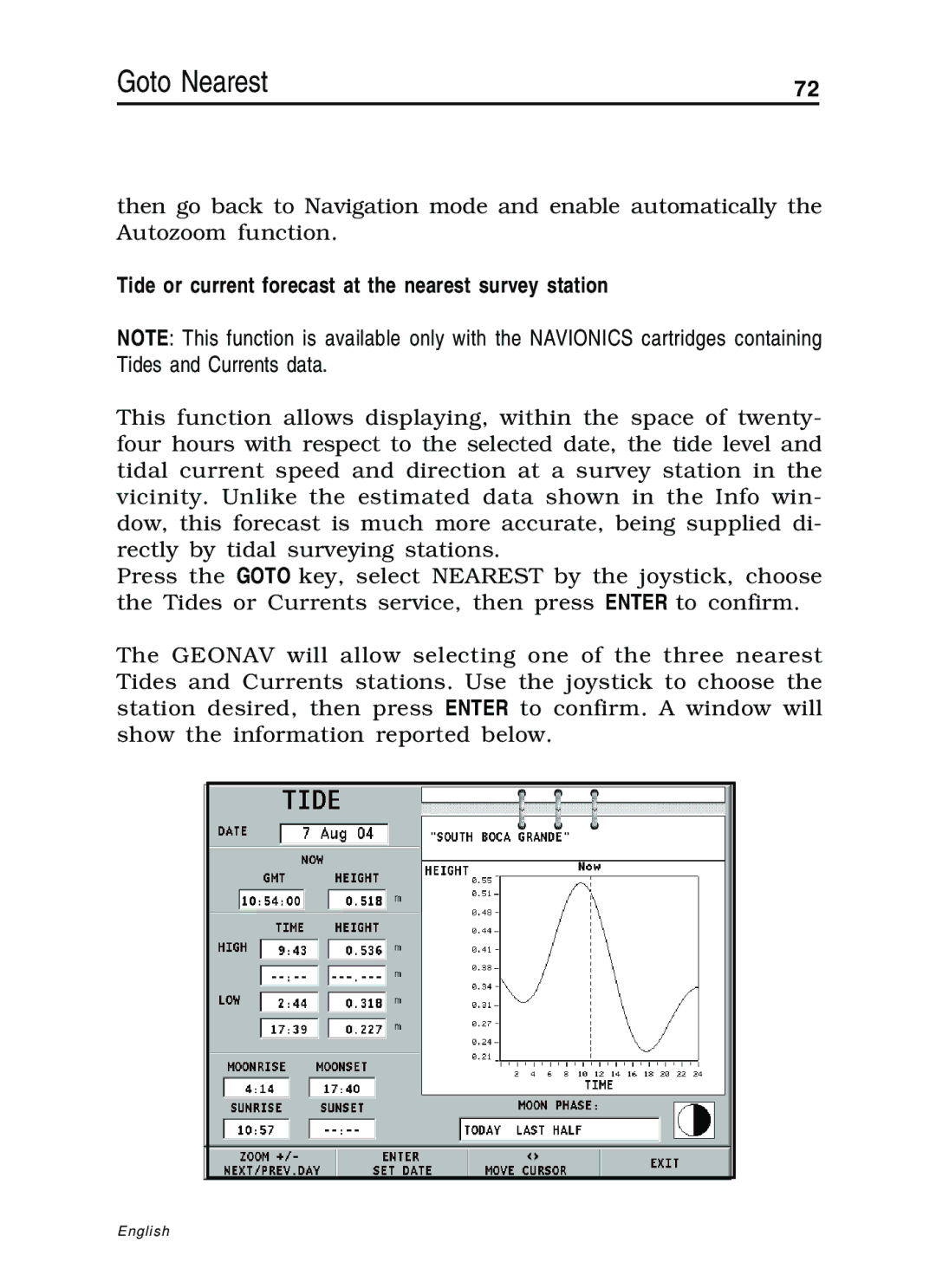 Navionics 10C, 11C manual Tide or current forecast at the nearest survey station 