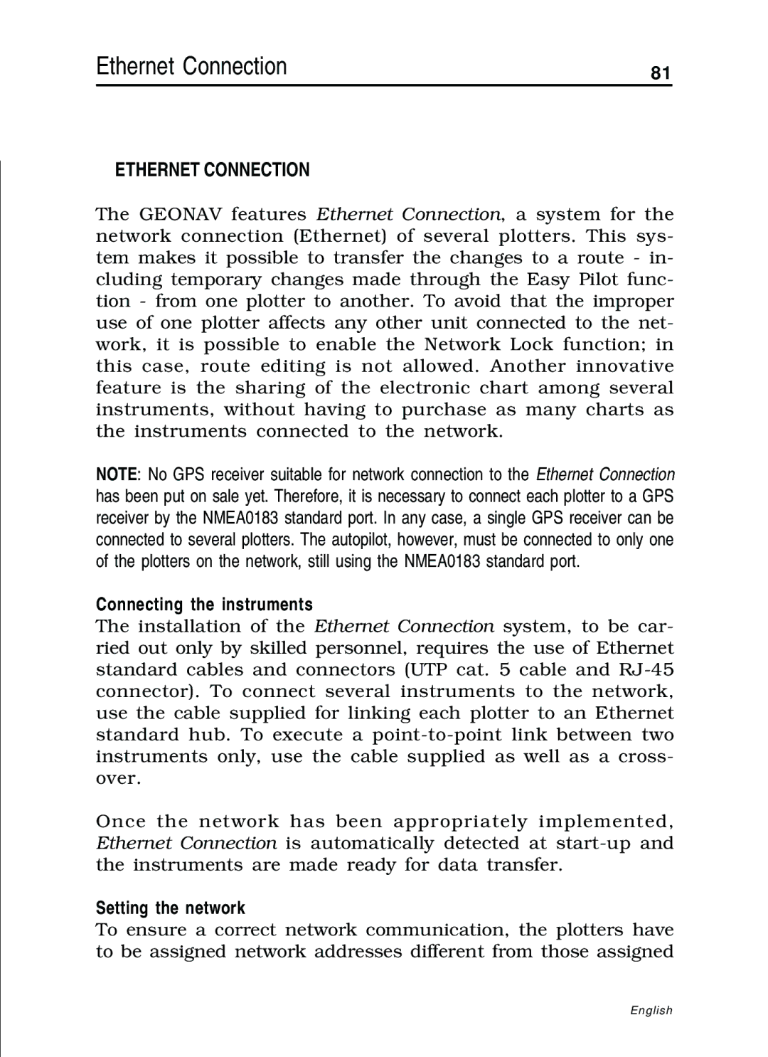 Navionics 11C, 10C manual Ethernet Connection, Connecting the instruments, Setting the network 