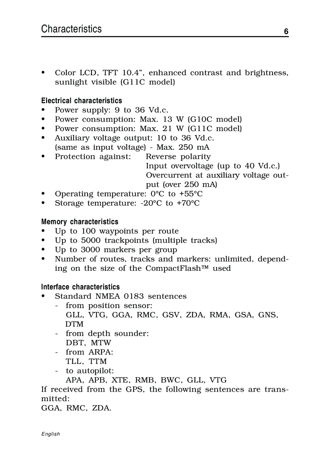 Navionics 10C, 11C manual Electrical characteristics, Memory characteristics, Interface characteristics 