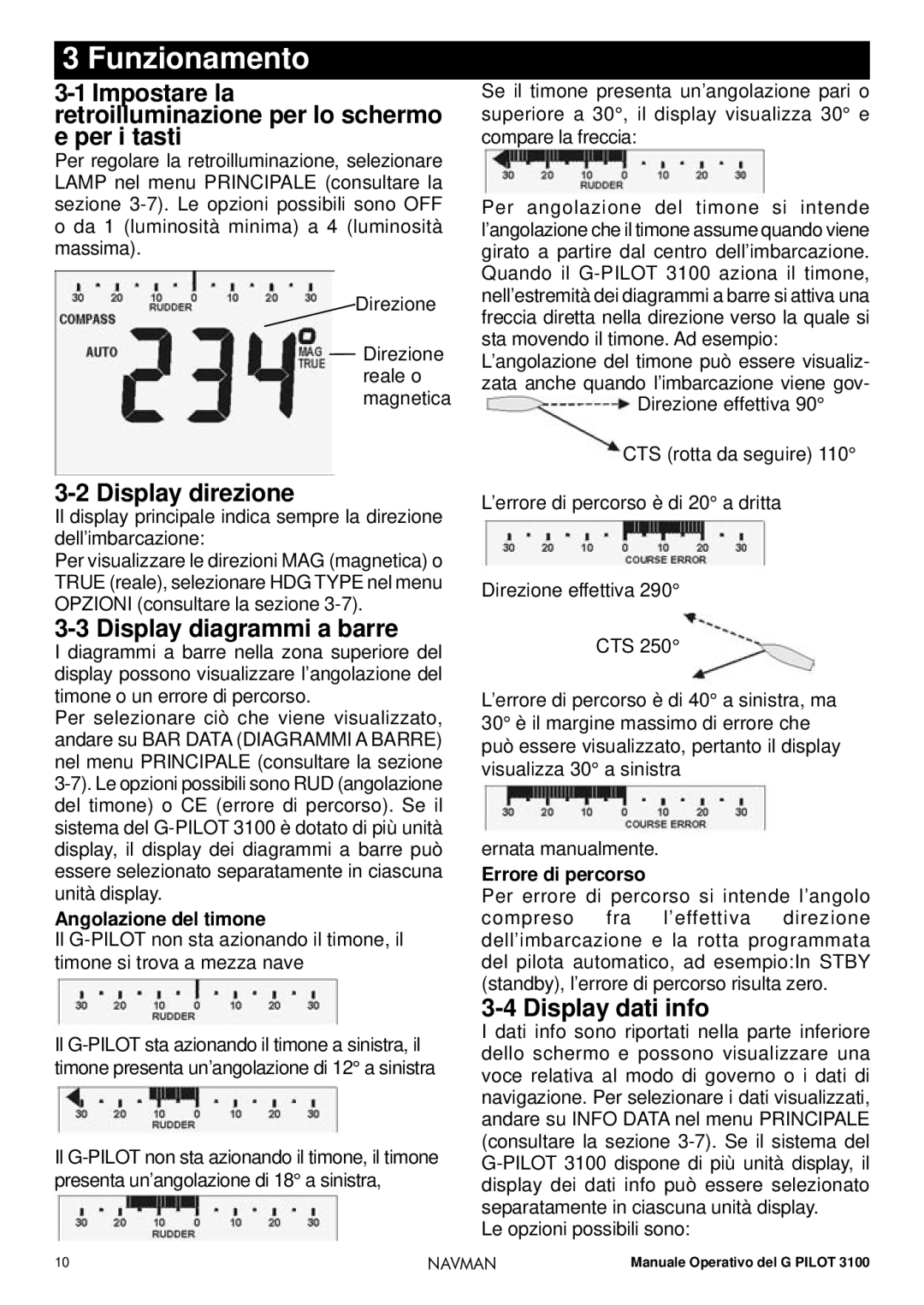 Navman 3100 operation manual Funzionamento, Display direzione, Display diagrammi a barre, Display dati info 