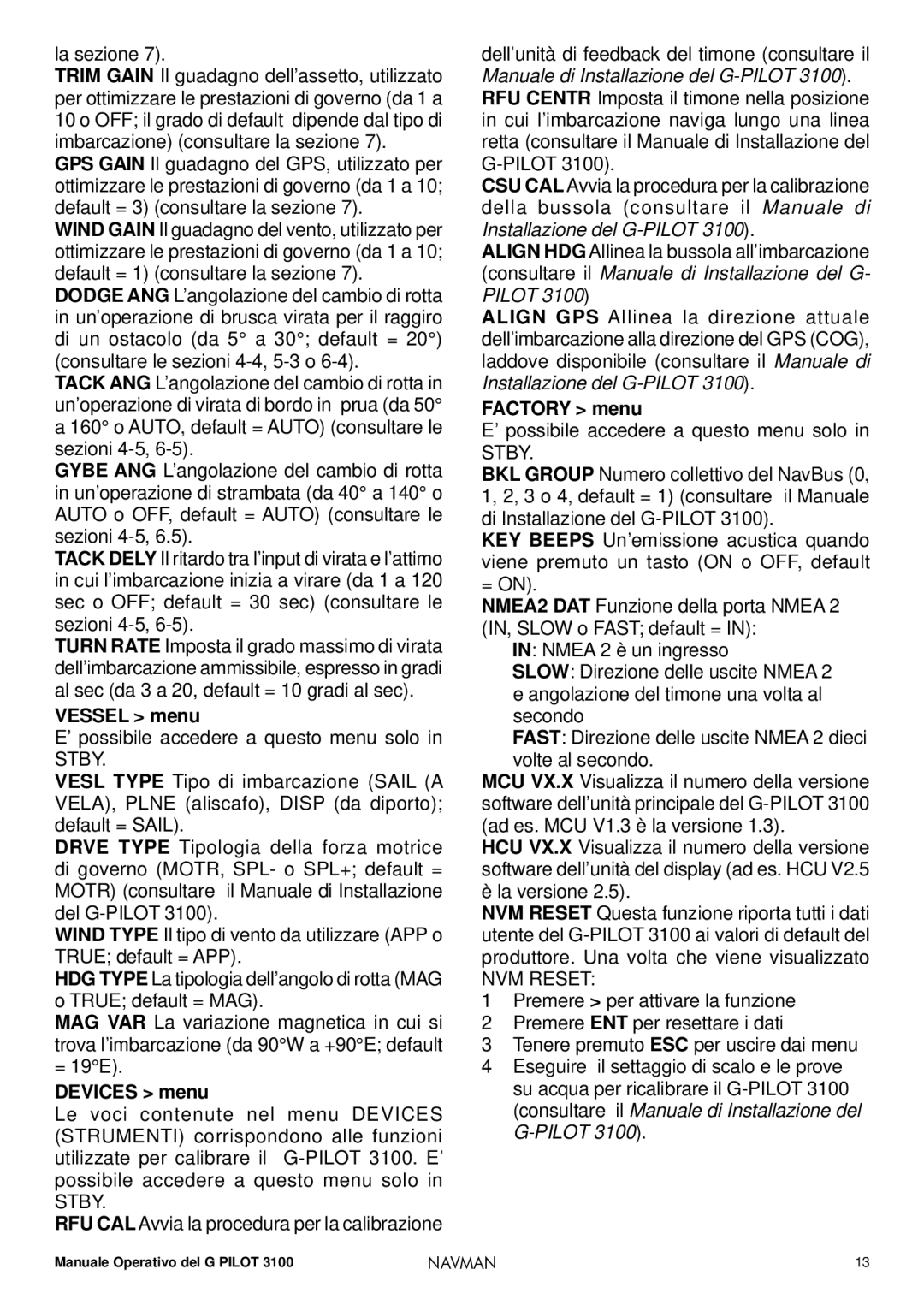 Navman 3100 operation manual Vessel menu, Devices menu, Factory menu, NVM Reset 