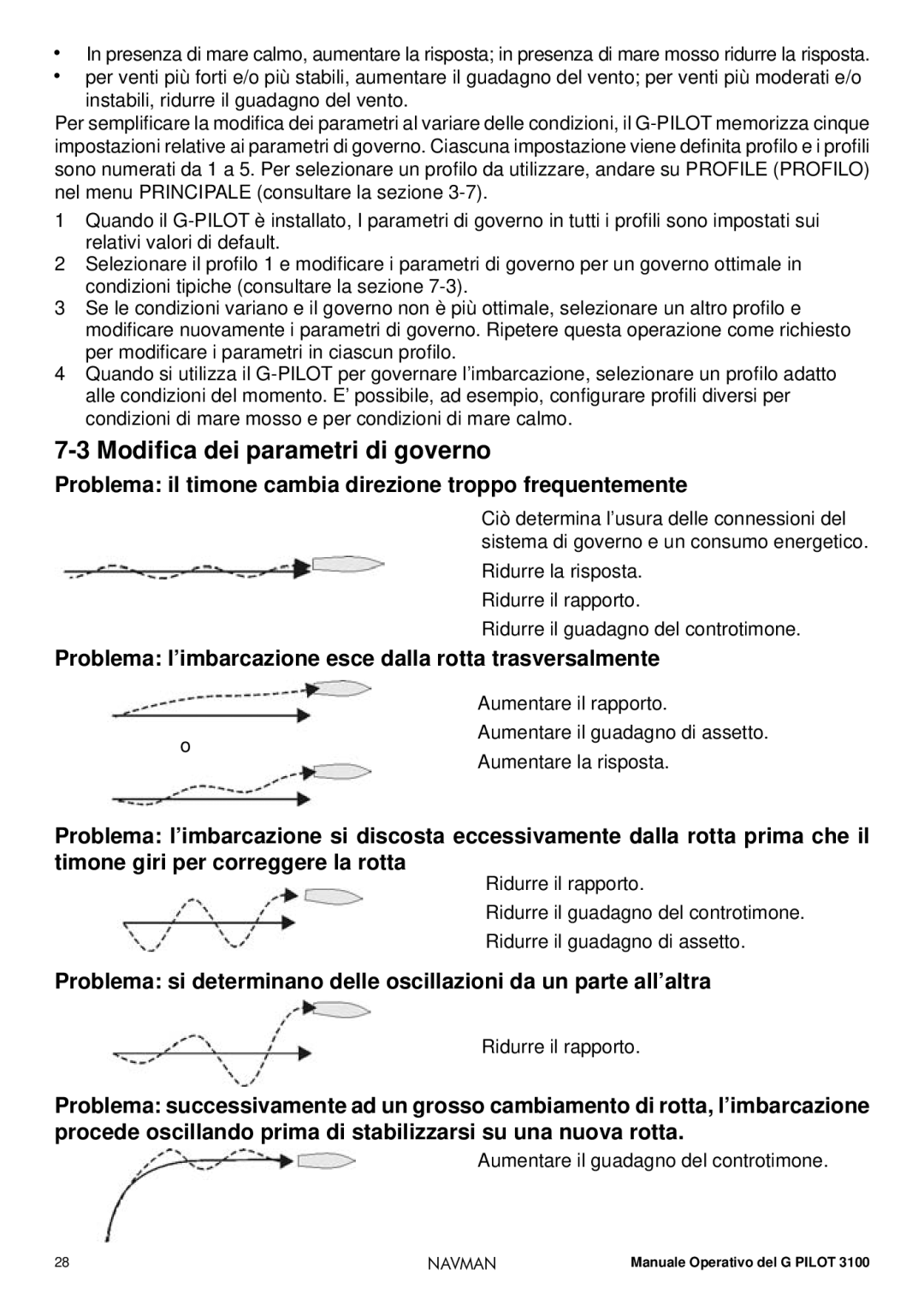 Navman 3100 operation manual Modiﬁca dei parametri di governo, Problema il timone cambia direzione troppo frequentemente 