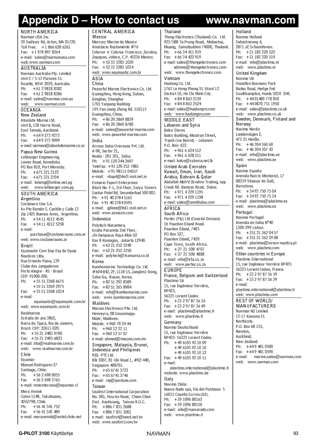 Navman 3100 operation manual Appendix D How to contact us, Australia 