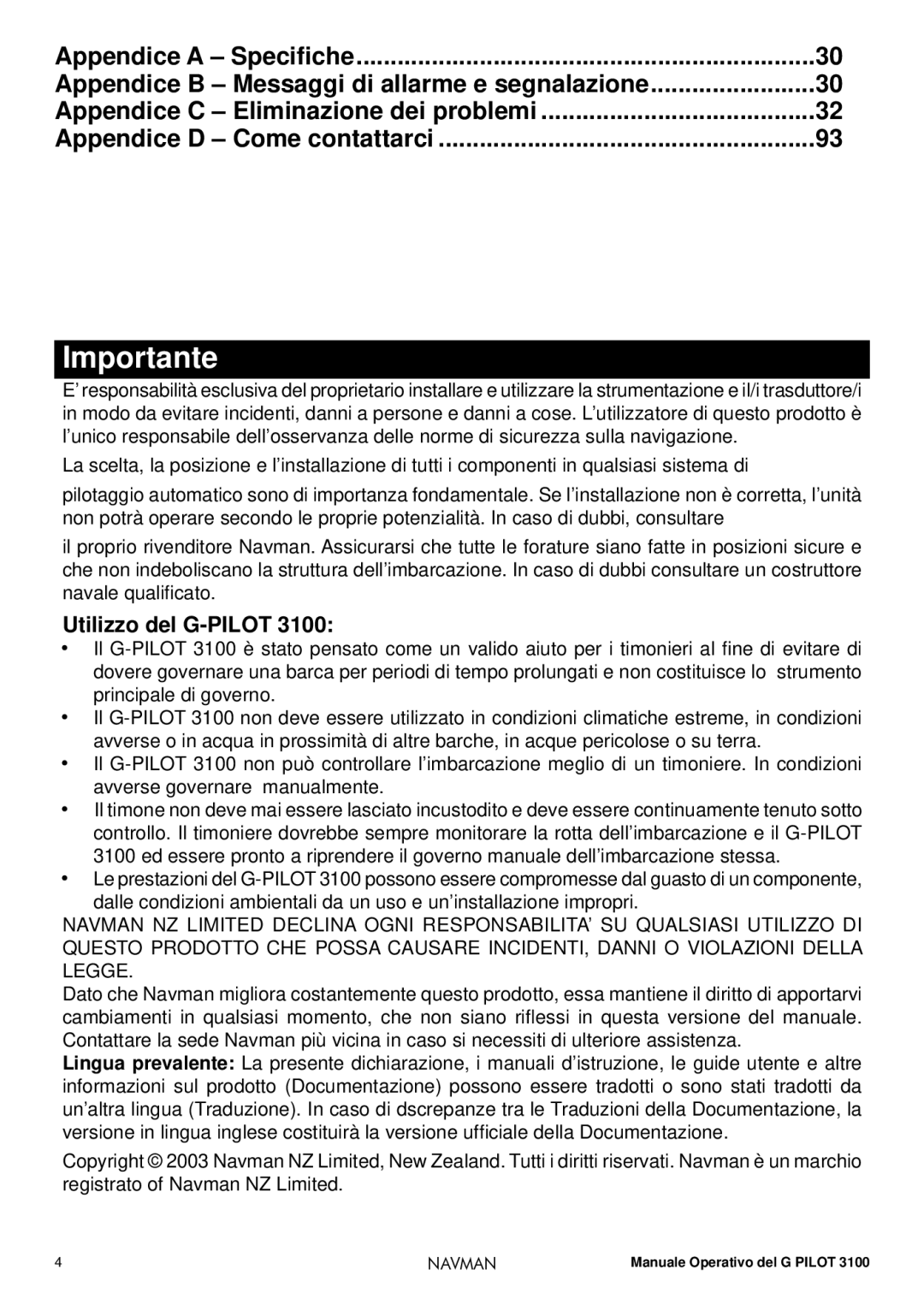 Navman 3100 operation manual Importante, Utilizzo del G-PILOT 