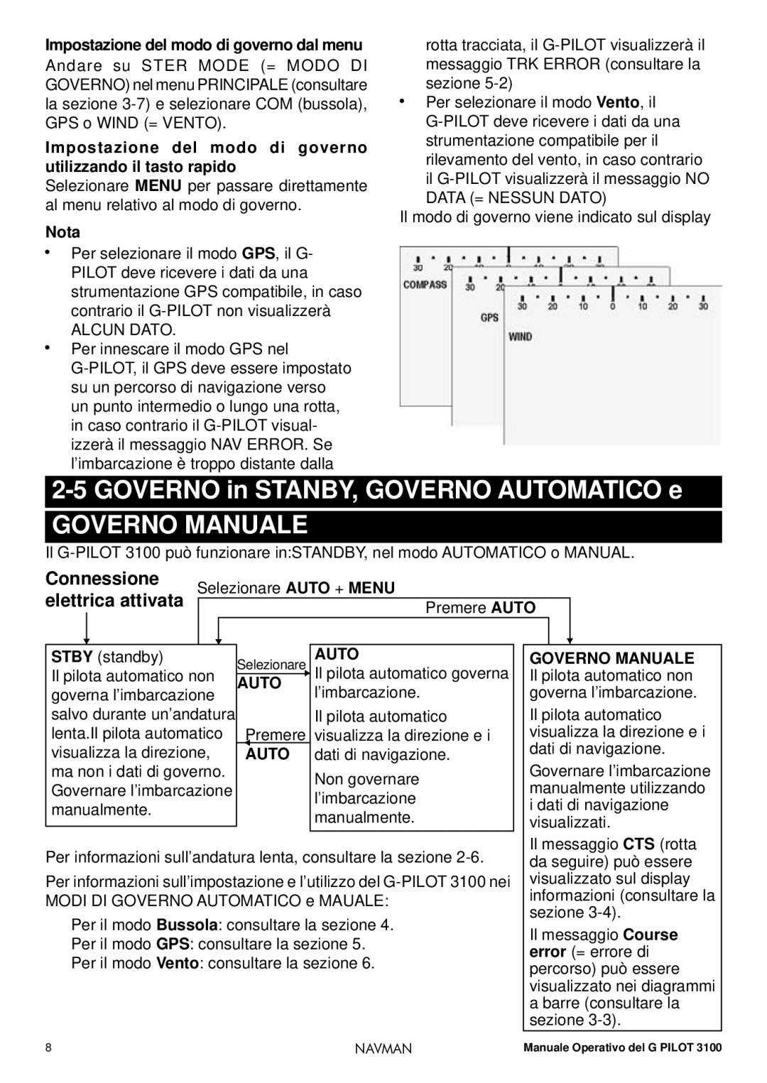 Navman 3100 Governo in STANBY, Governo Automatico e, Connessione Elettrica attivata Selezionare Auto + Menu, Nota 