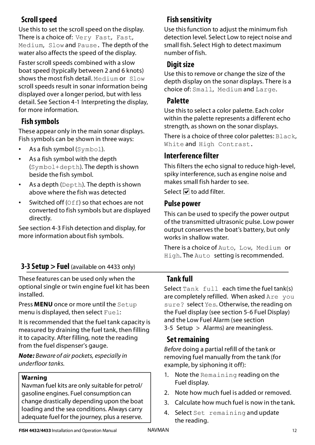 Navman 4433 Scroll speed, Fish symbols, Digit size, Palette, Interference filter, Pulse power, Tank full, Set remaining 