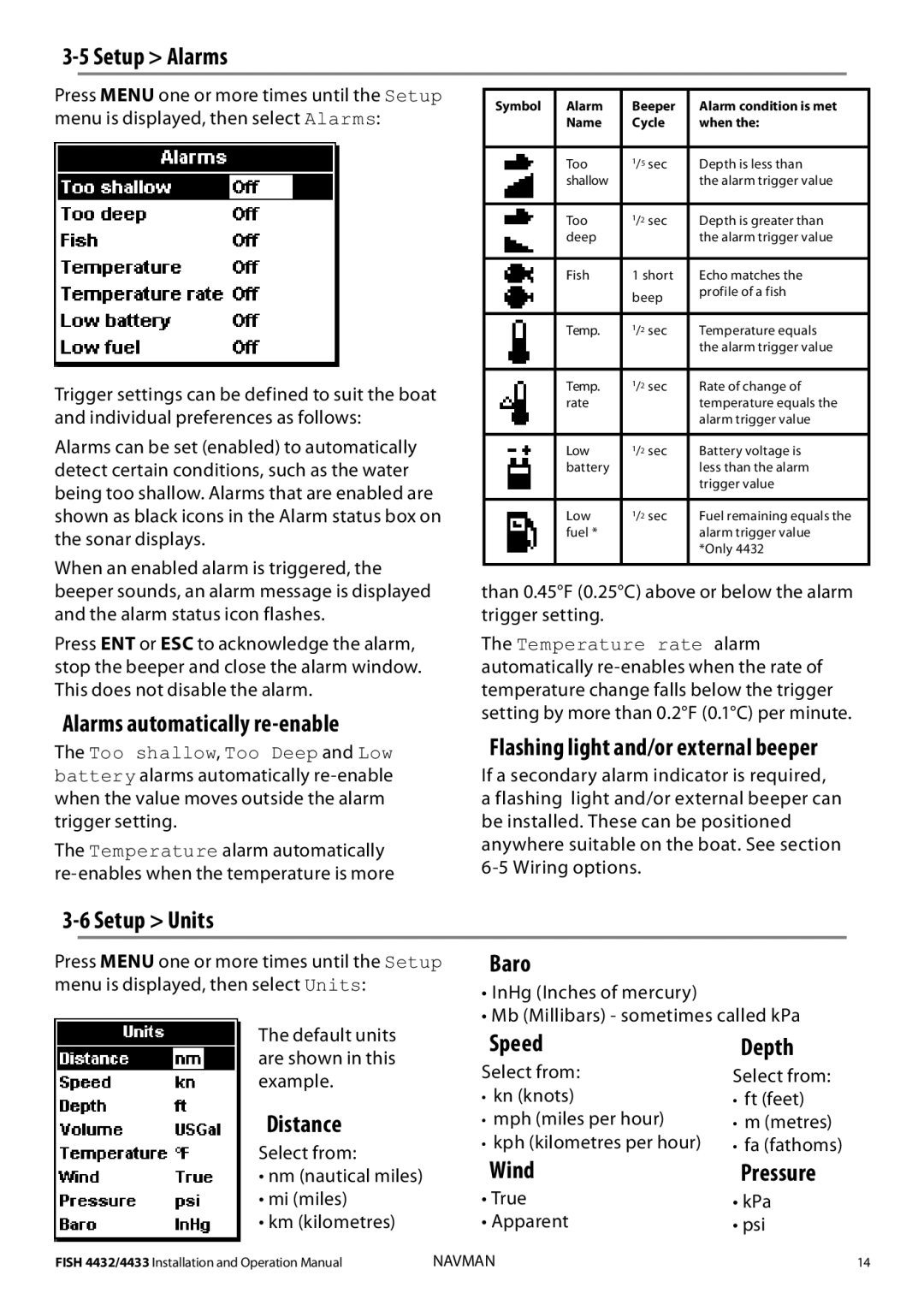 Navman 4433 Setup Alarms, Alarms automatically re-enable, Flashing light and/or external beeper, Setup Units, Baro, Speed 