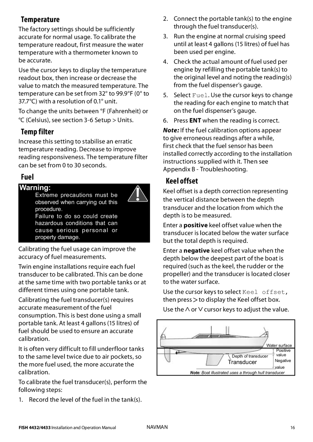 Navman 4433, 4432 operation manual Temperature, Temp filter, Fuel, Keel offset 