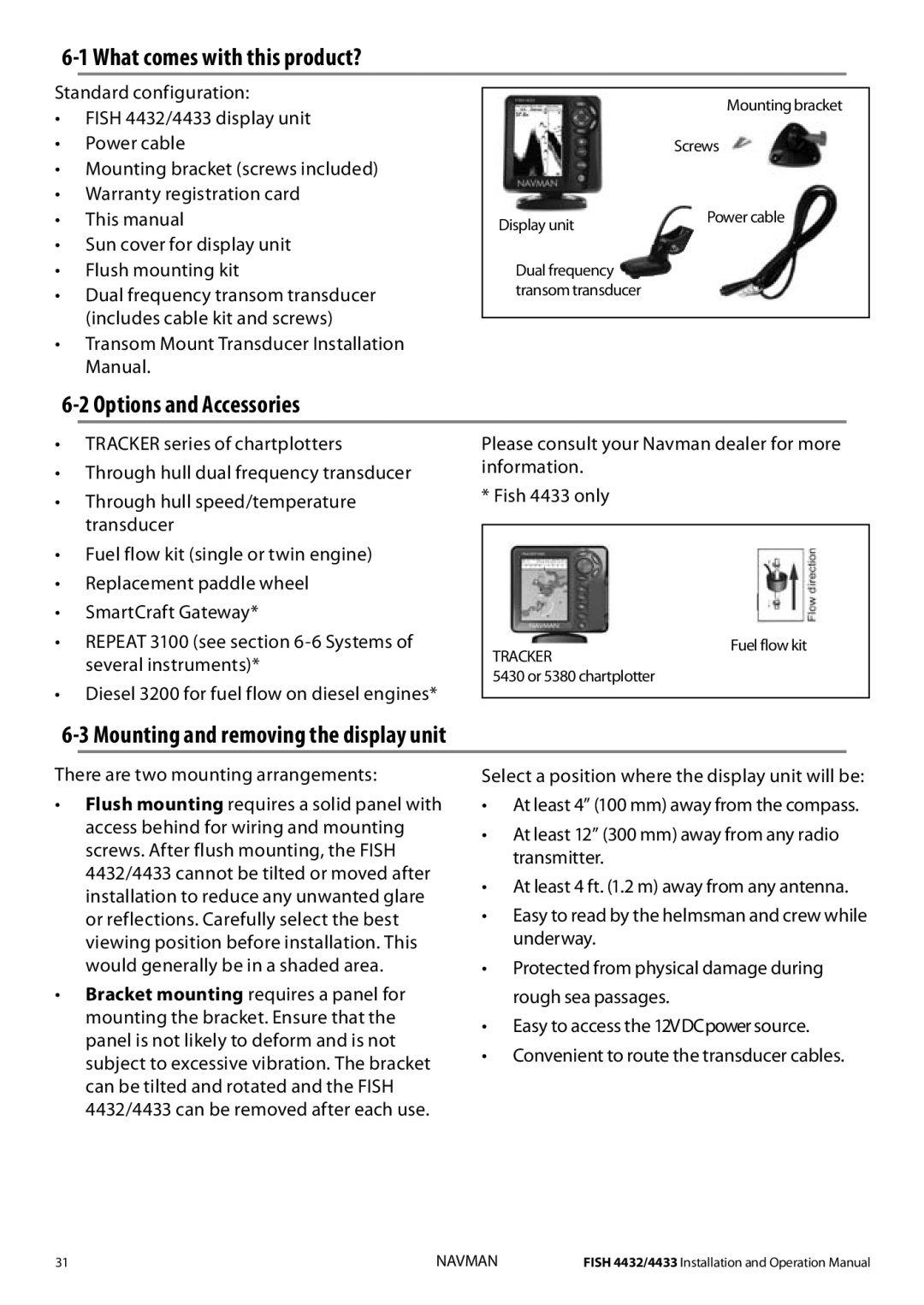 Navman 4432, 4433 What comes with this product?, Options and Accessories, Mounting and removing the display unit 