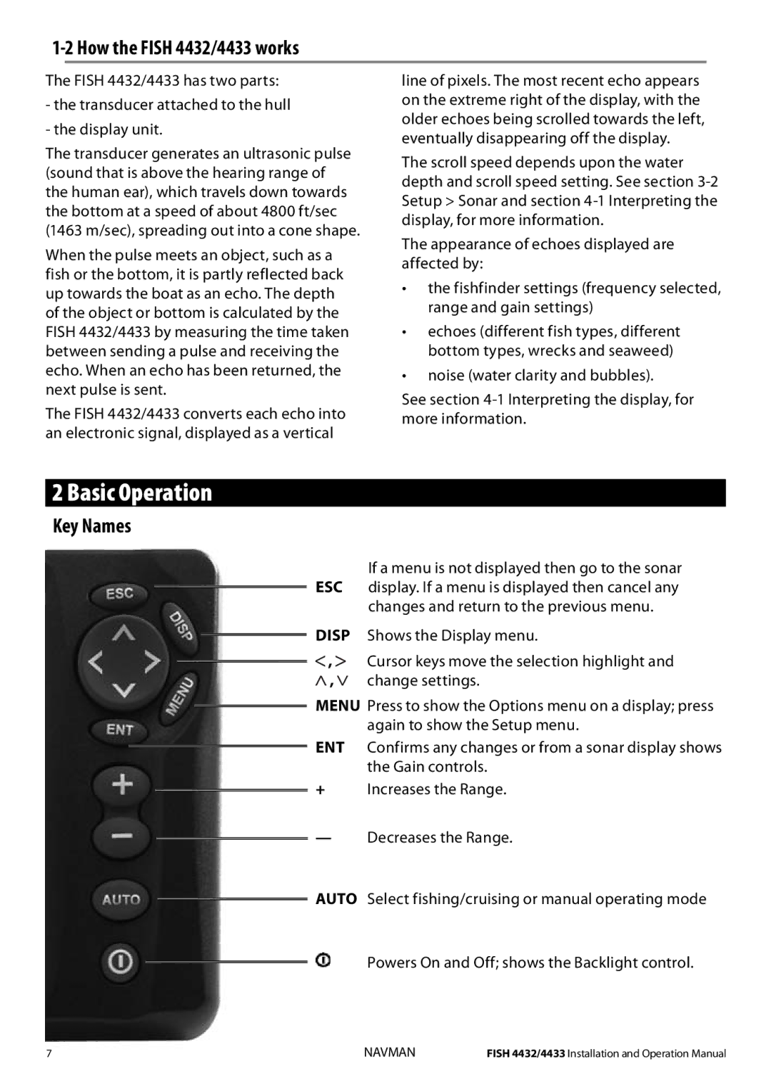 Navman operation manual Basic Operation, How the Fish 4432/4433 works, Key Names 