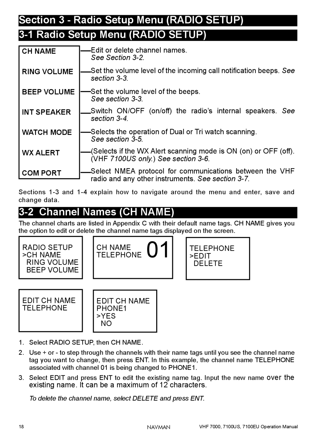 Navman 7100EU, 7000, 7100US operation manual Channel Names CH Name, To delete the channel name, select Delete and press ENT 