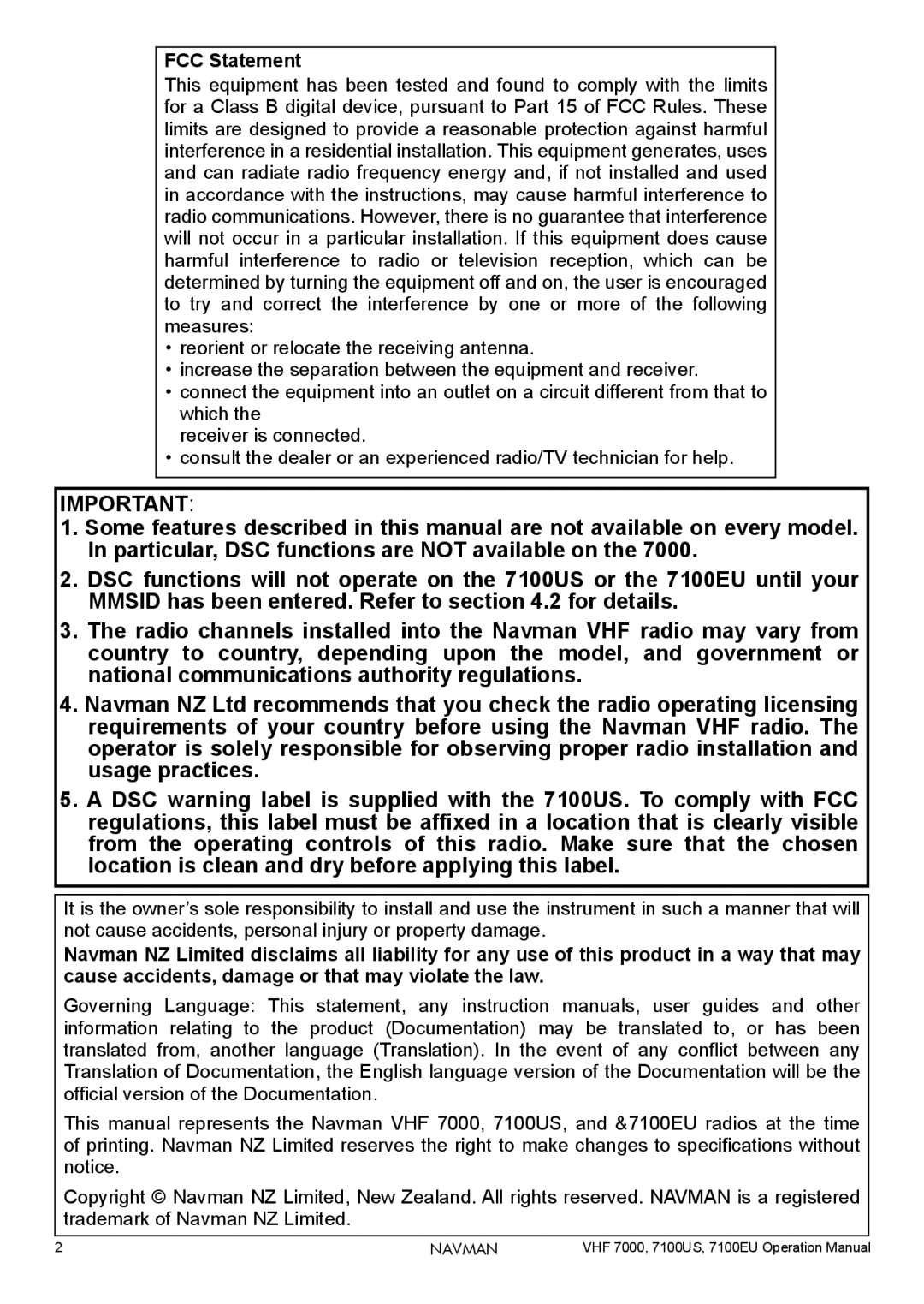 Navman 7100US, 7100EU, 7000 operation manual FCC Statement 