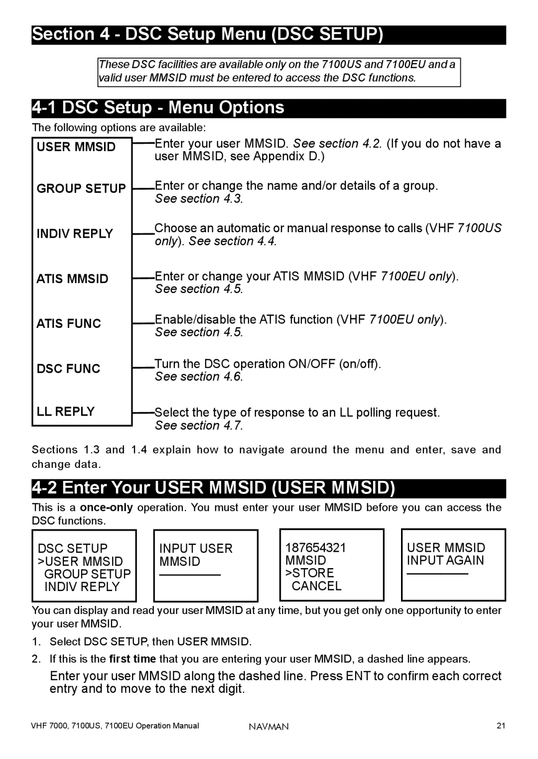 Navman 7100EU, 7000, 7100US DSC Setup Menu DSC Setup, DSC Setup Menu Options, Enter Your User Mmsid User Mmsid 