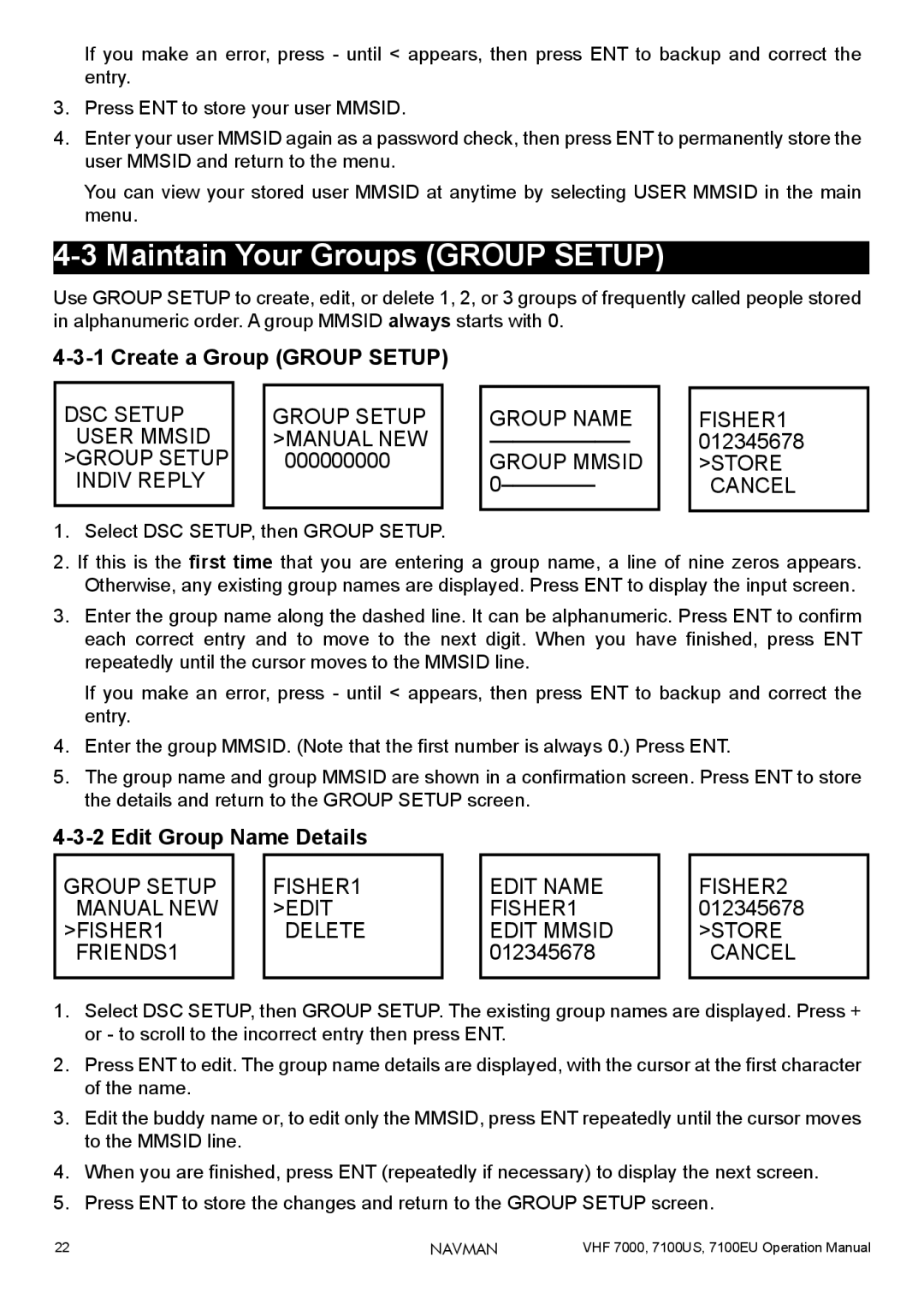 Navman 7000 Maintain Your Groups Group Setup, Create a Group Group Setup, FISHER1, Store Cancel, Edit Group Name Details 