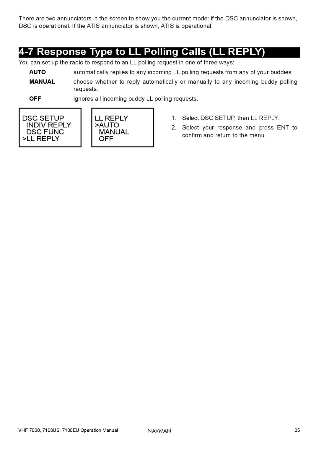 Navman 7000, 7100EU, 7100US operation manual Response Type to LL Polling Calls LL Reply 