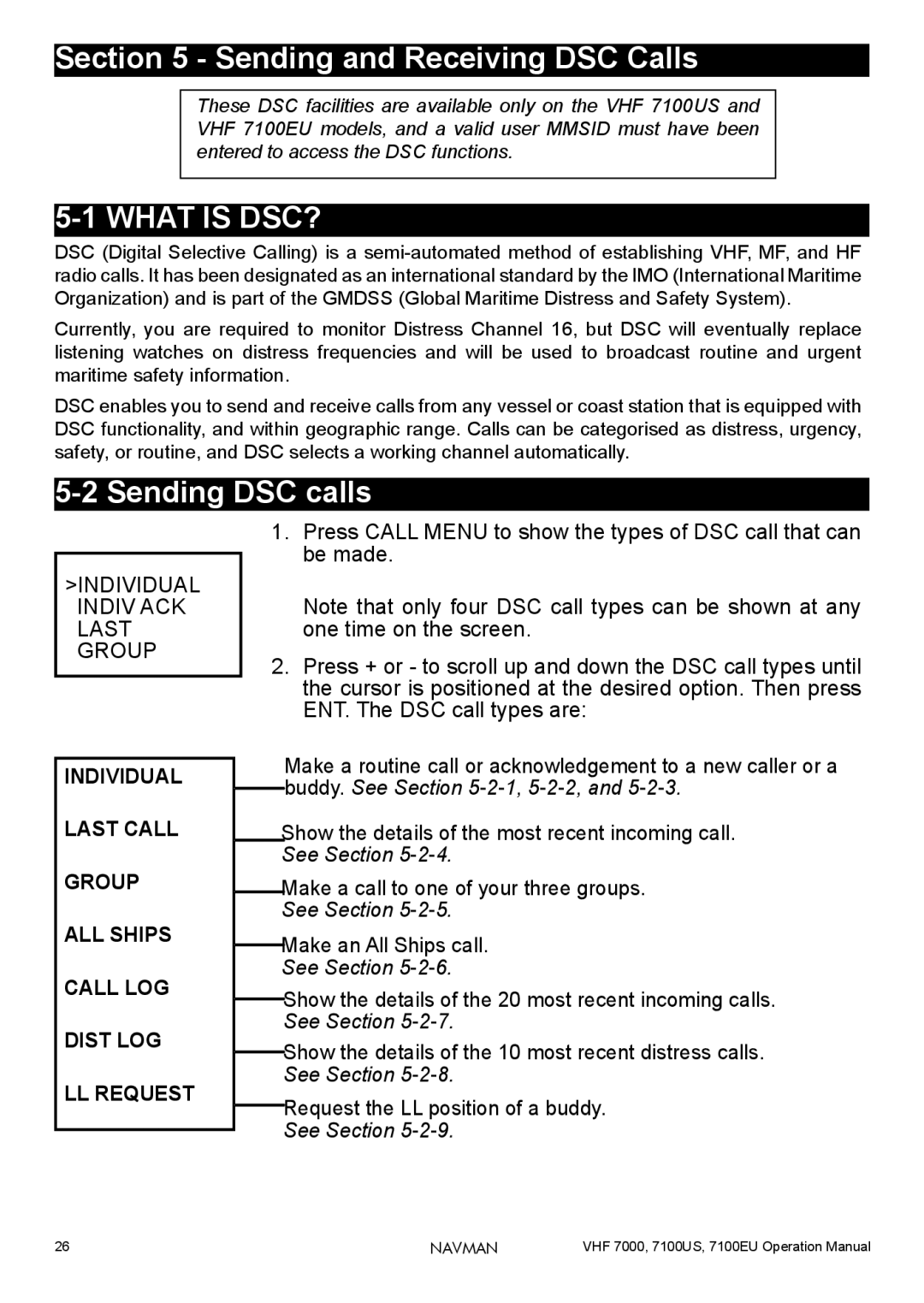 Navman 7100US, 7100EU, 7000 Sending and Receiving DSC Calls, Sending DSC calls, Individual Indiv ACK Last Group 