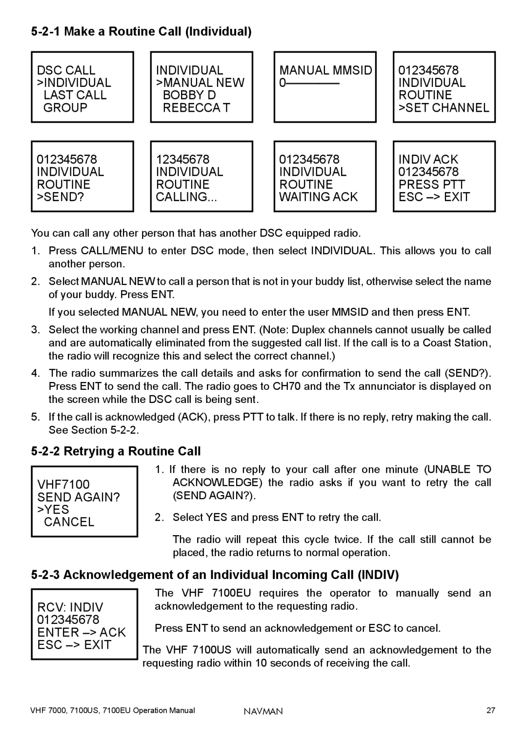 Navman 7100EU, 7000, 7100US operation manual Make a Routine Call Individual, Retrying a Routine Call, Send AGAIN? YES Cancel 