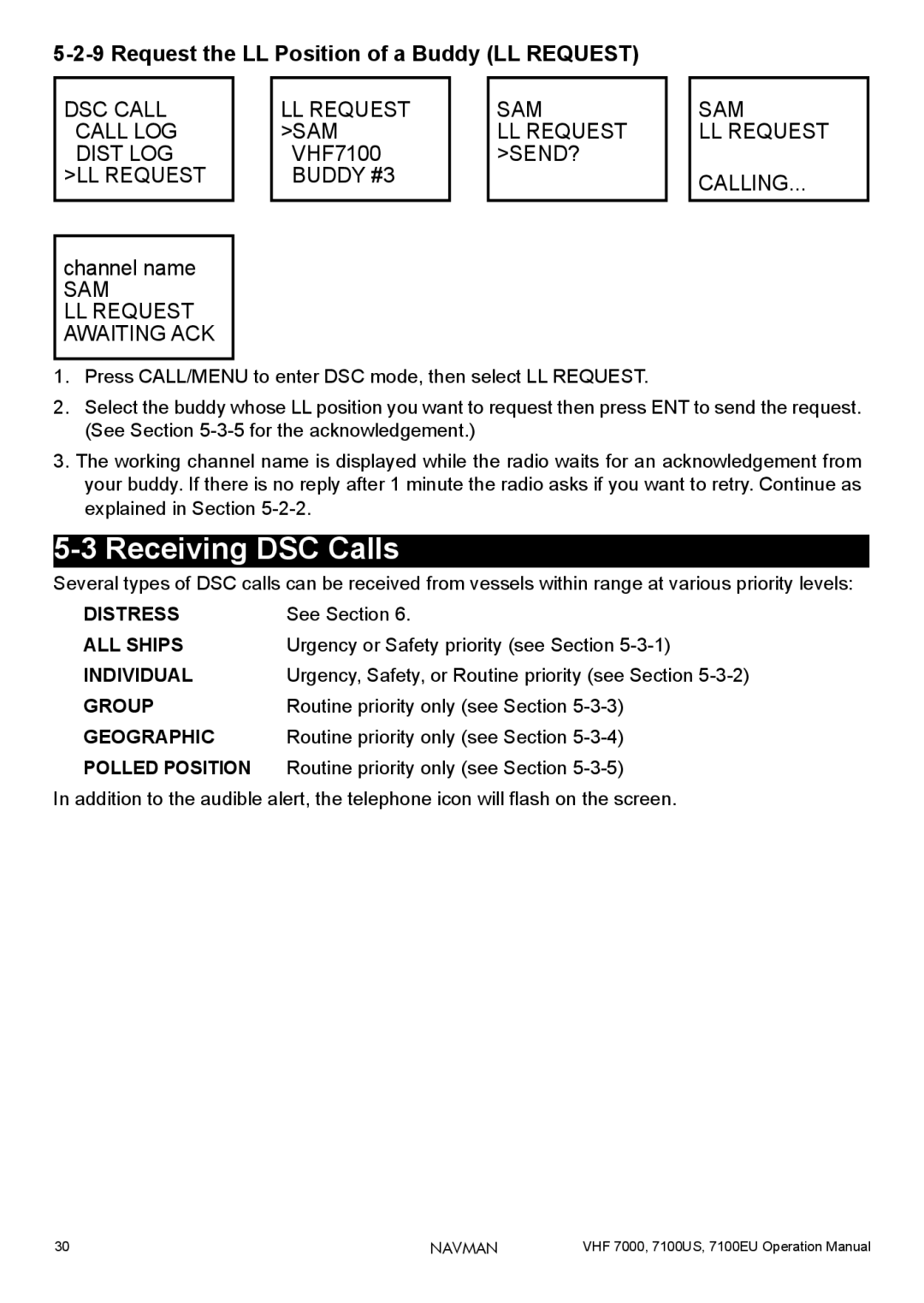 Navman 7100EU Receiving DSC Calls, Request the LL Position of a Buddy LL Request, DSC Call Call LOG Dist LOG LL Request 