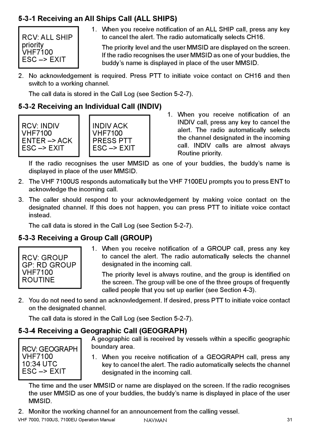 Navman 7000 Receiving an All Ships Call ALL Ships, Receiving an Individual Call Indiv, Receiving a Group Call Group 