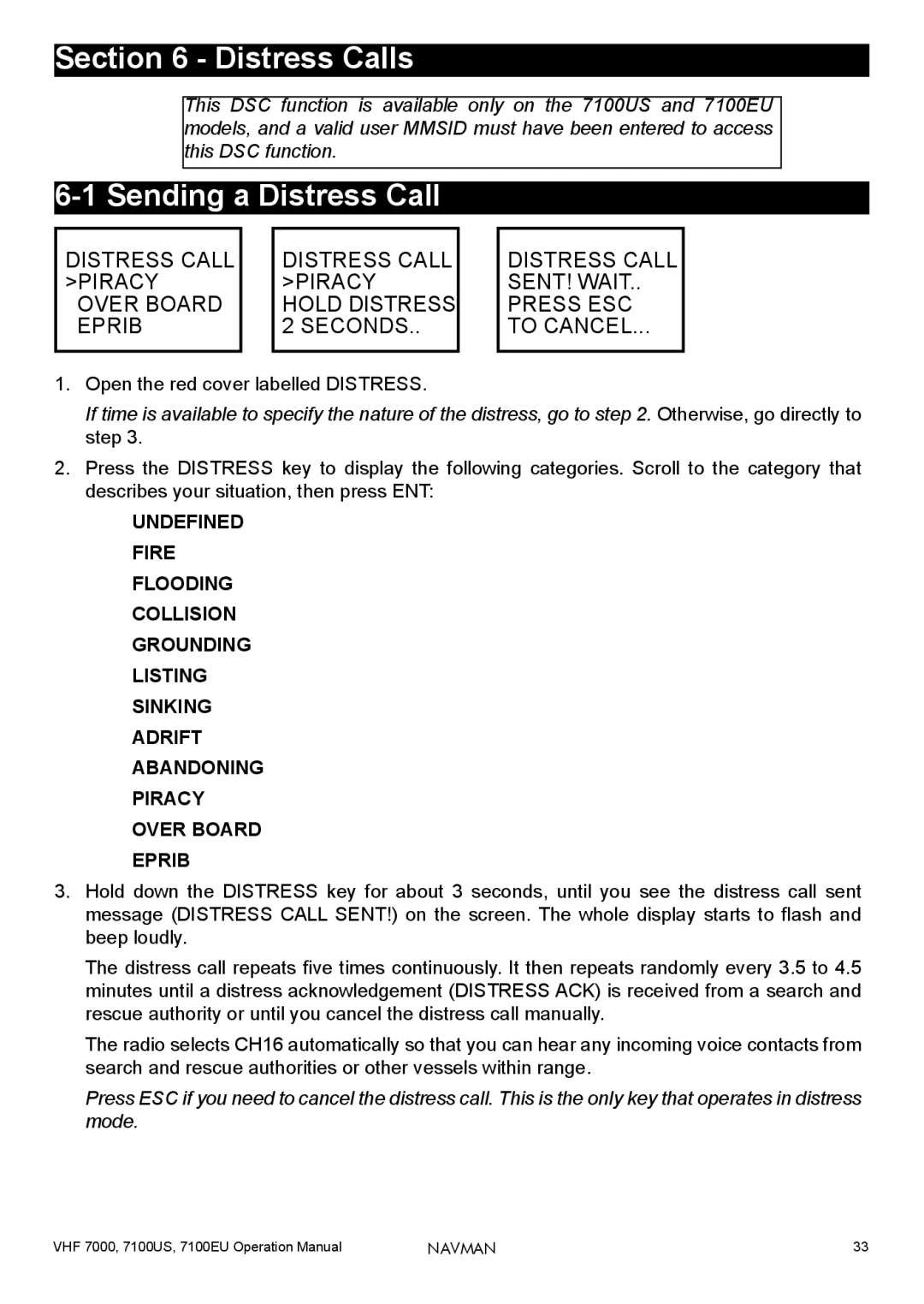 Navman 7100EU, 7000, 7100US operation manual Distress Calls, Sending a Distress Call 