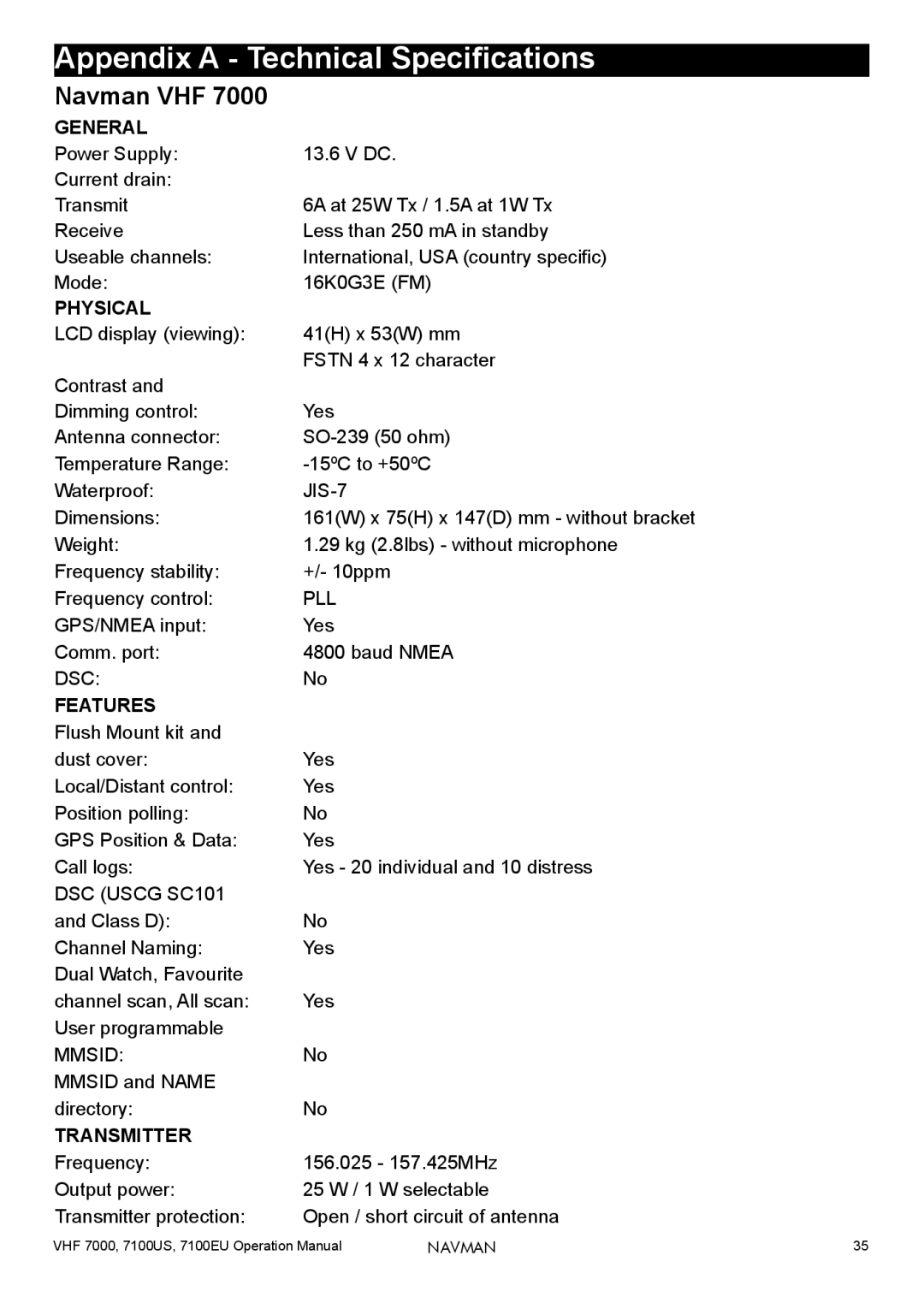 Navman 7100US, 7100EU, 7000 operation manual Appendix a Technical Specifications, Navman VHF 