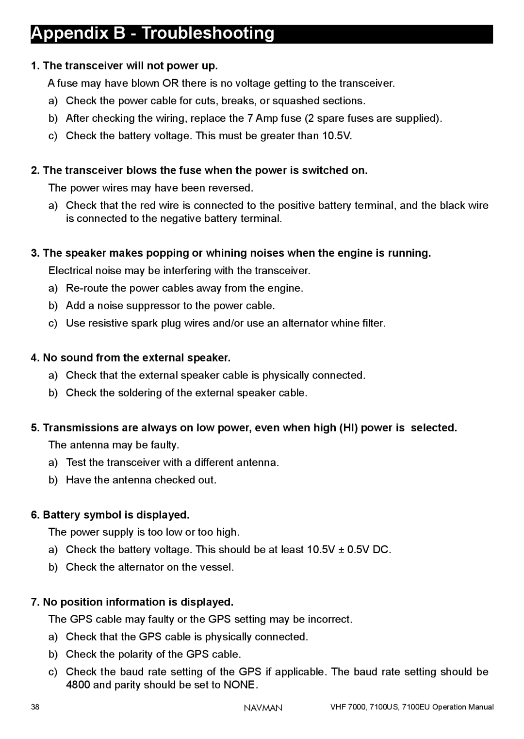 Navman 7100US, 7100EU, 7000 operation manual Appendix B Troubleshooting, Transceiver will not power up 