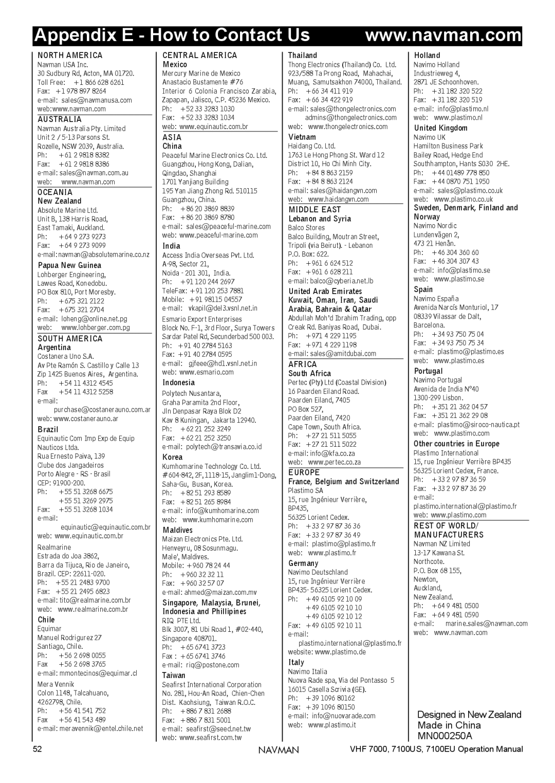 Navman 7000, 7100EU, 7100US operation manual Appendix E How to Contact Us, Australia 