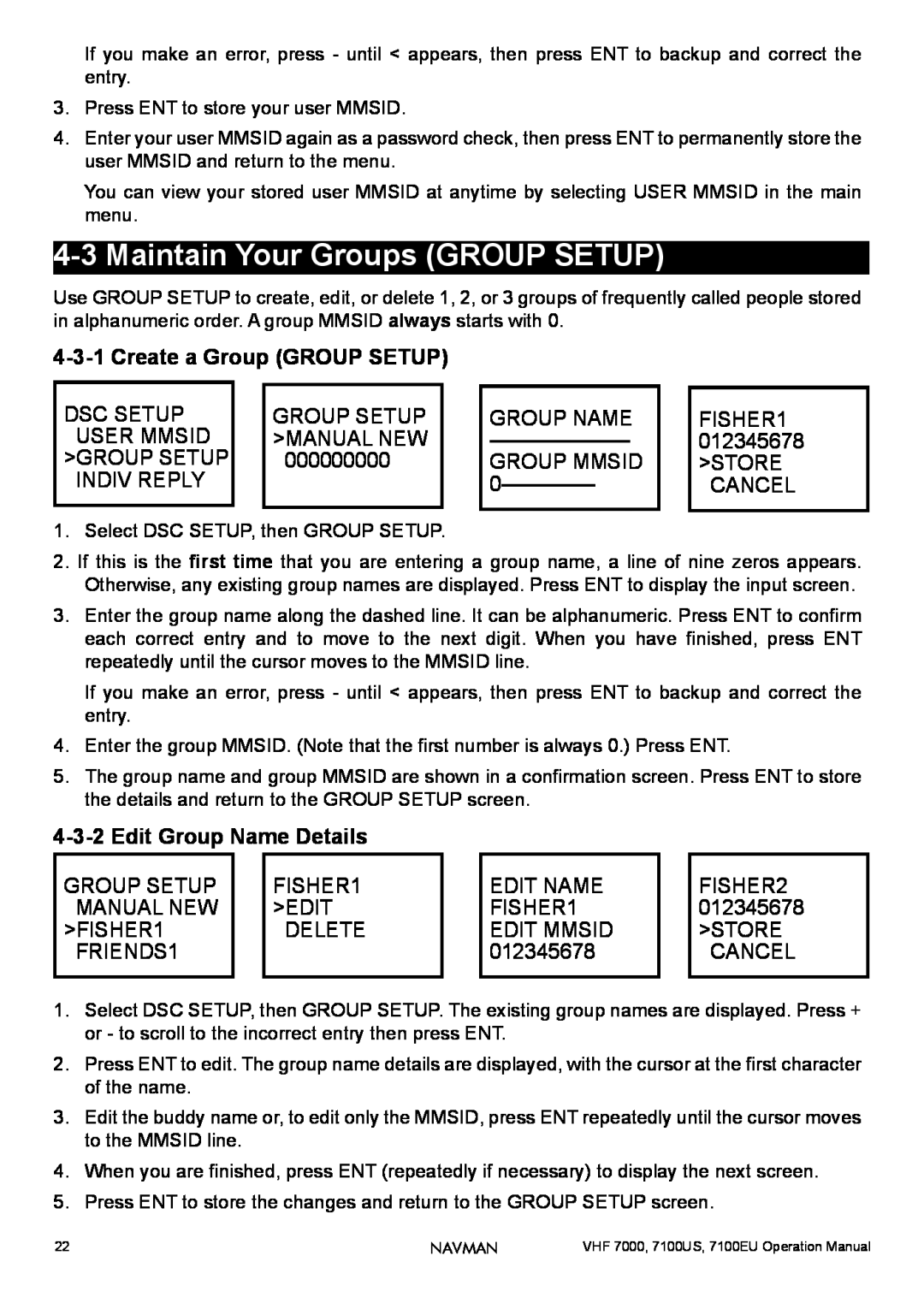 Navman 7000, 7100EU 4-3Maintain Your Groups GROUP SETUP, 4-3-1Create a Group GROUP SETUP, 4-3-2Edit Group Name Details 