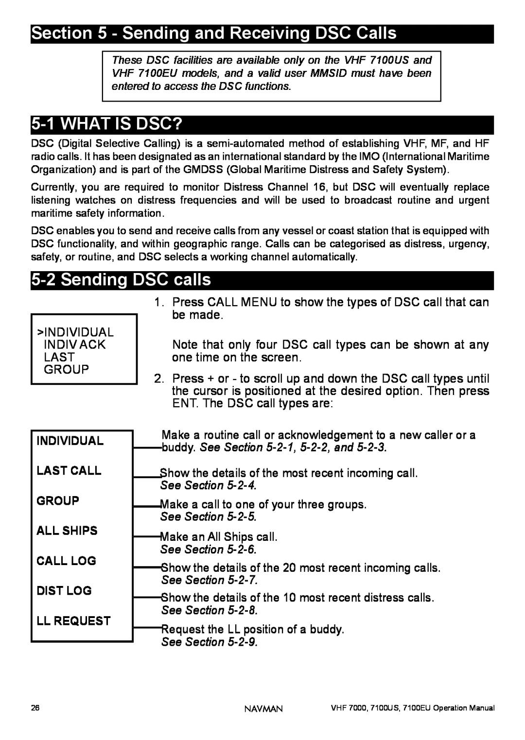 Navman 7100US, 7100EU, 7000 Sending and Receiving DSC Calls, 5-1WHAT IS DSC?, 5-2Sending DSC calls, Dist Log Ll Request 
