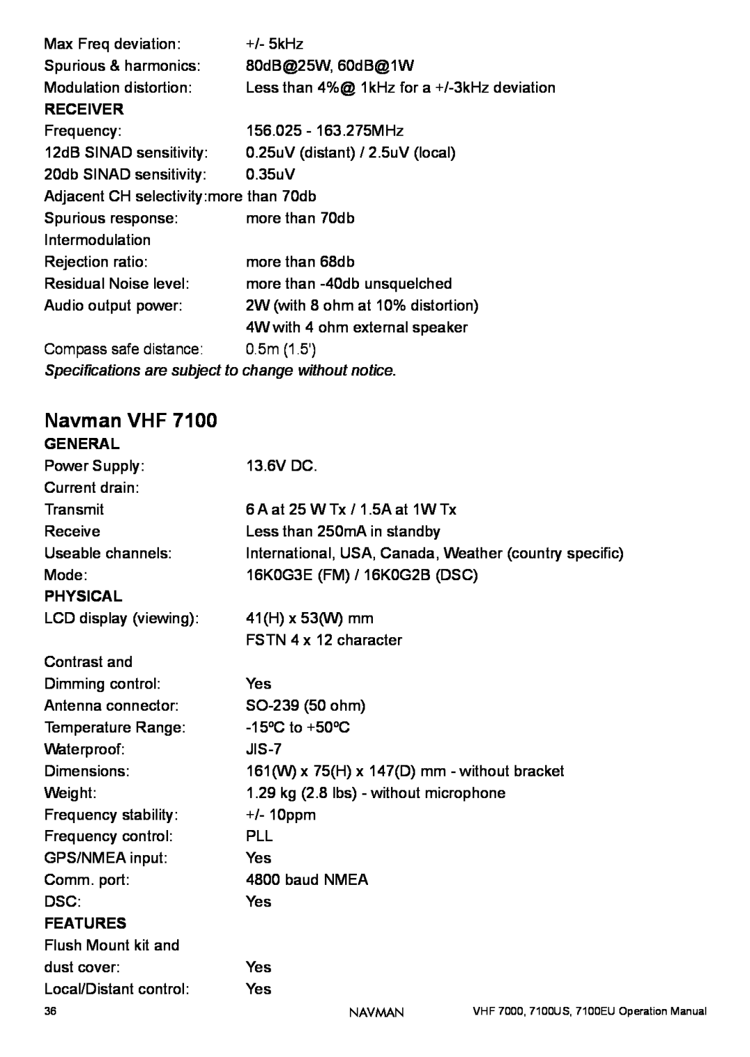Navman 7100EU, 7000, 7100US operation manual Navman VHF, Receiver, General, Physical, Features 