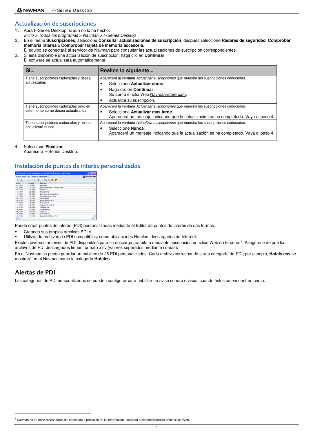 Navman F20 Actualización de suscripciones, Instalación de puntos de interés personalizados, Seleccione Actualizar ahora 