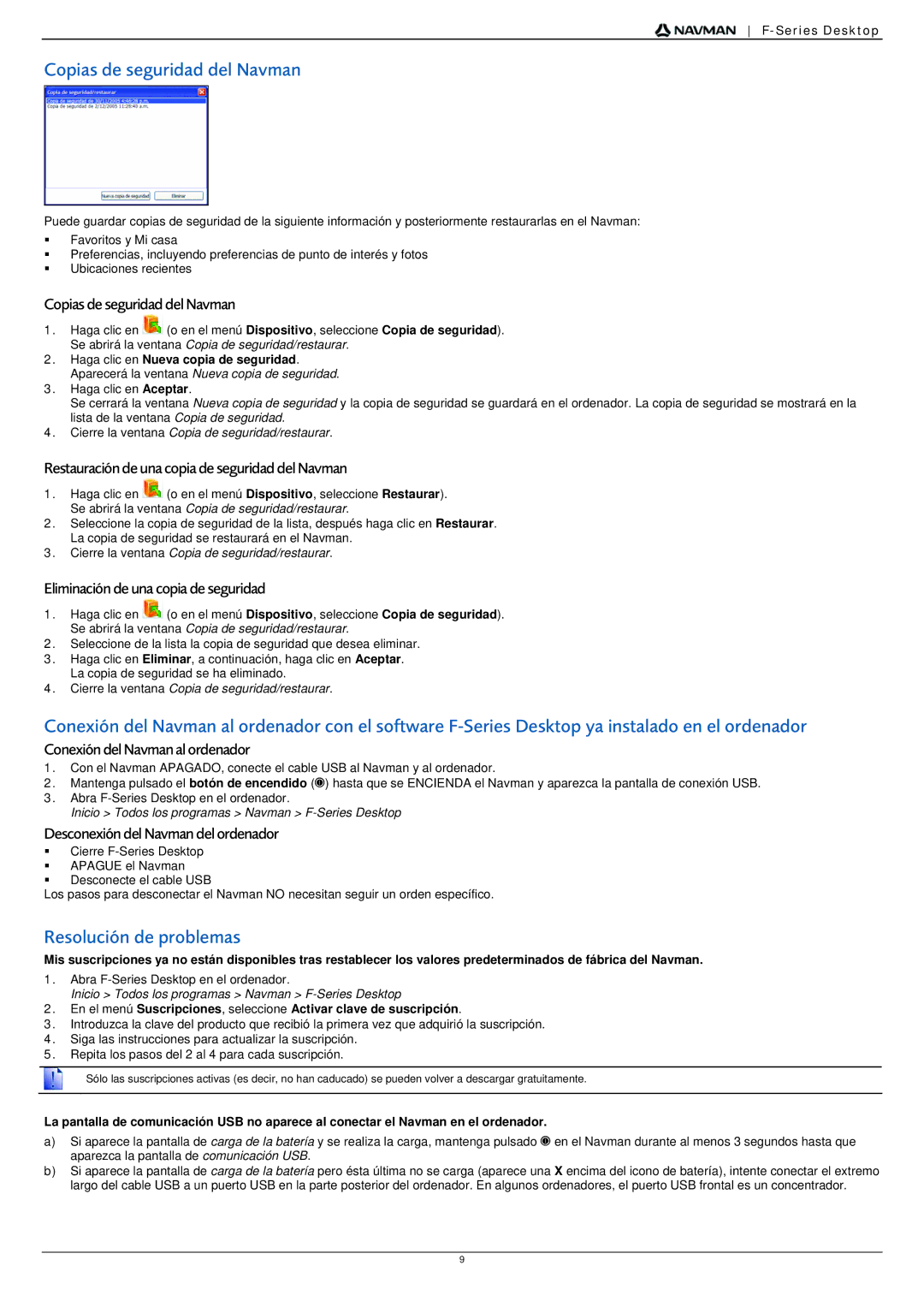 Navman F20 manual Copias de seguridad del Navman, Resolución de problemas 