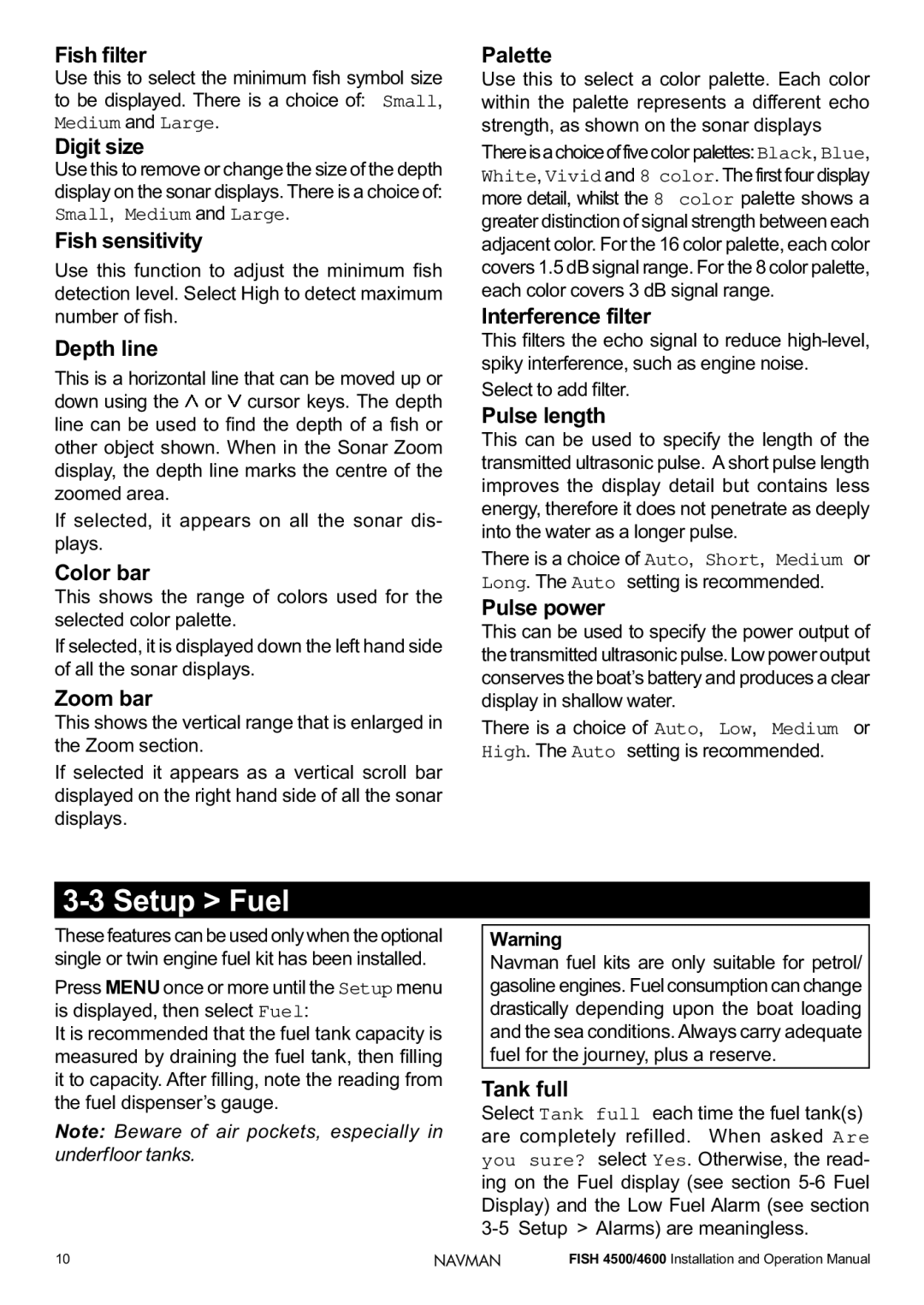 Navman FISH 4500/4600 operation manual Setup Fuel 