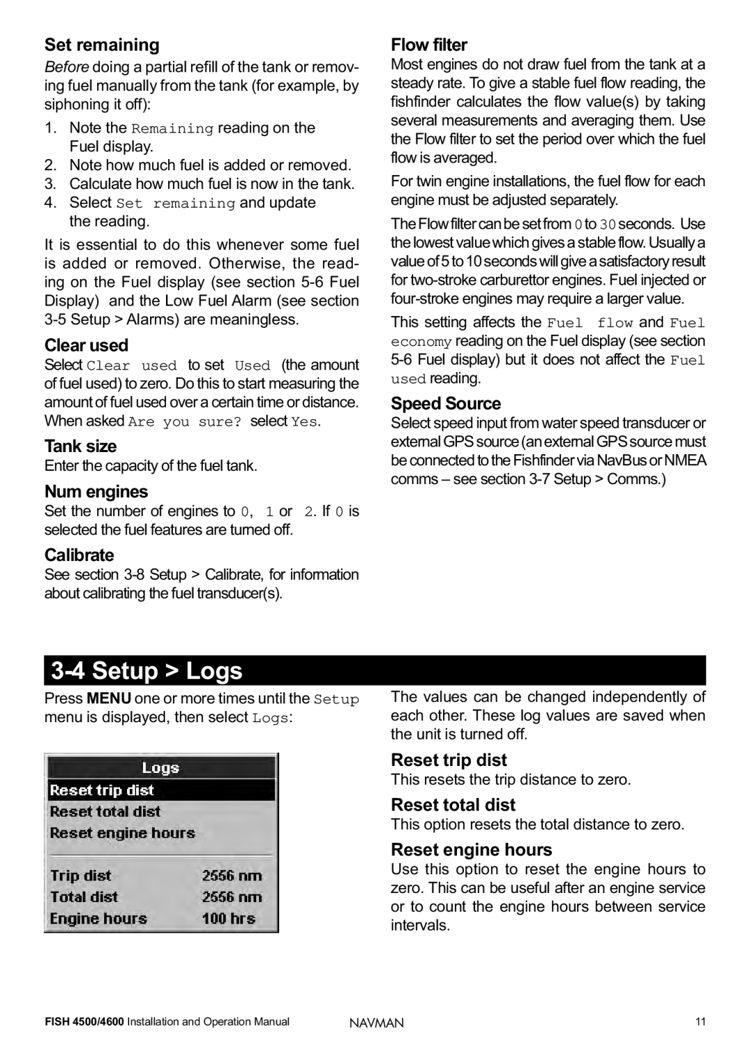 Navman FISH 4500/4600 operation manual Setup Logs 