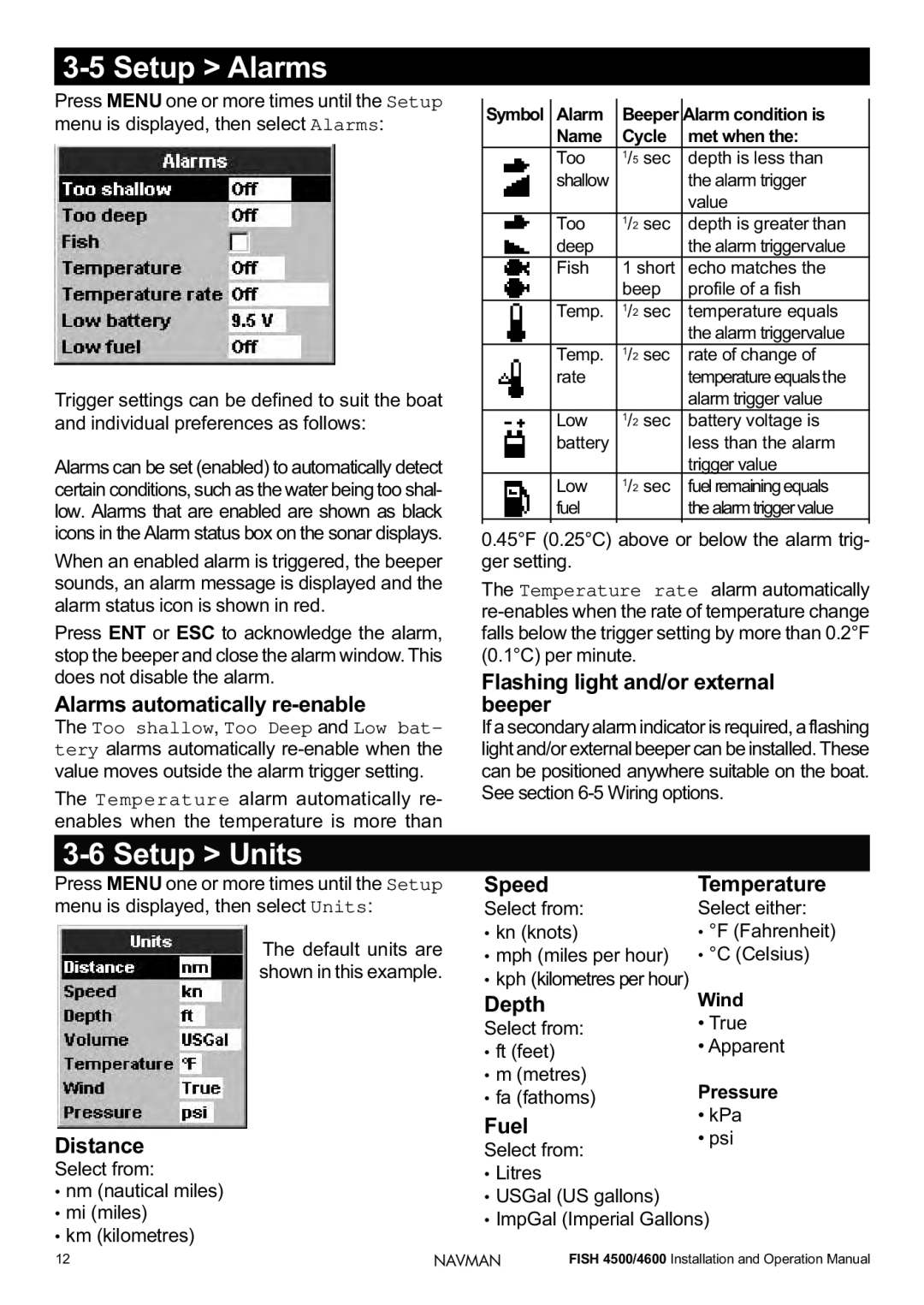 Navman FISH 4500/4600 operation manual Setup Alarms, Setup Units 