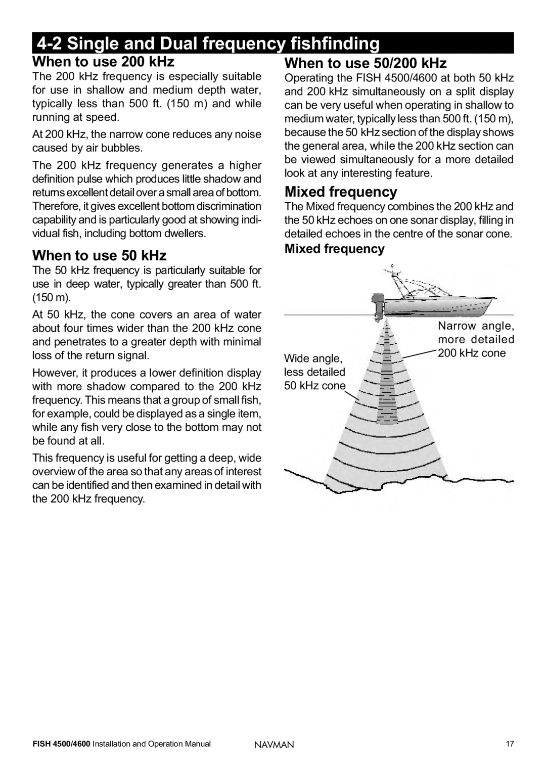 Navman FISH 4500/4600 Single and Dual frequency fishfinding, When to use 200 kHz, When to use 50 kHz, Mixed frequency 