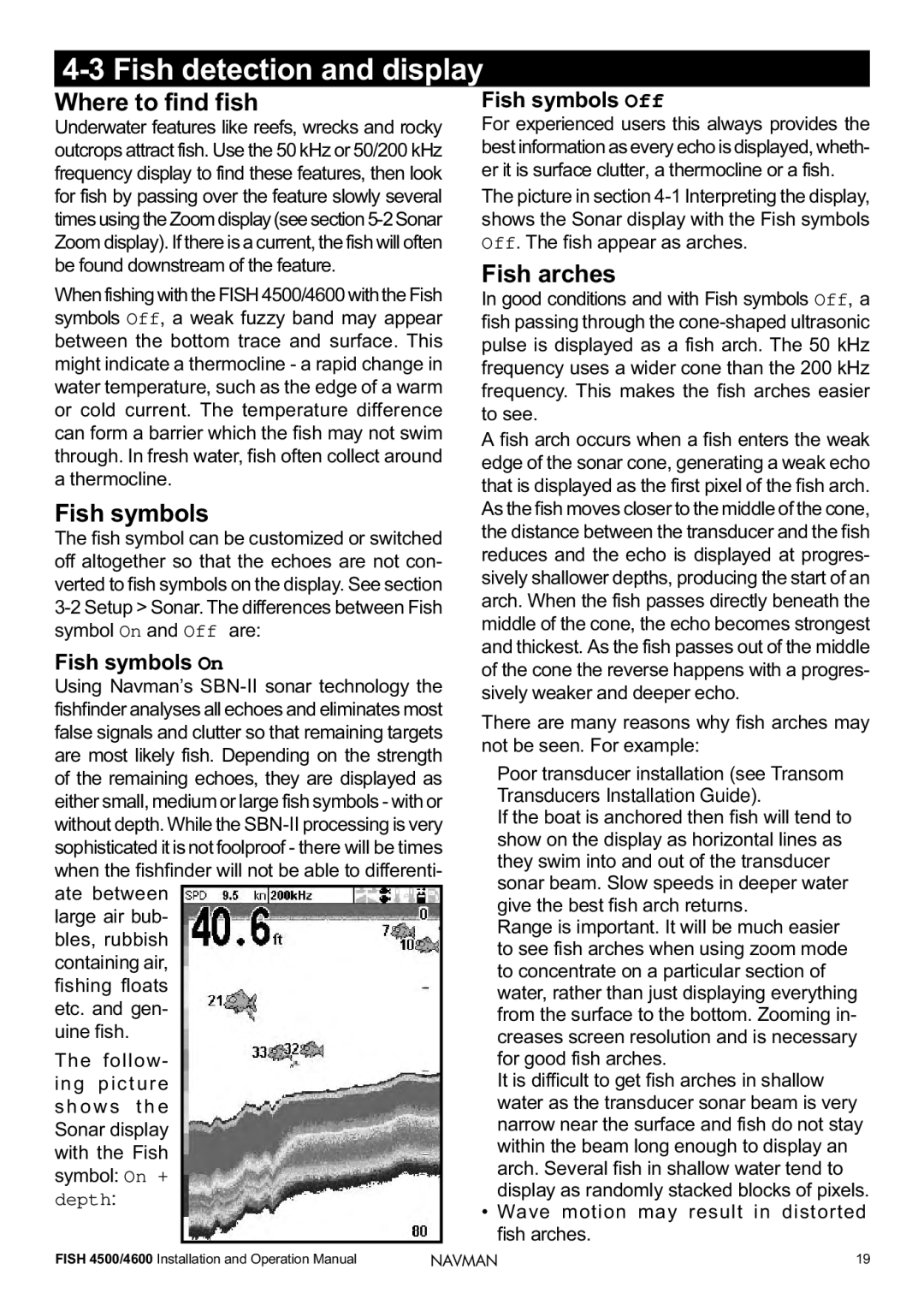 Navman FISH 4500/4600 operation manual Fish detection and display, Where to find fish, Fish symbols, Fish arches 