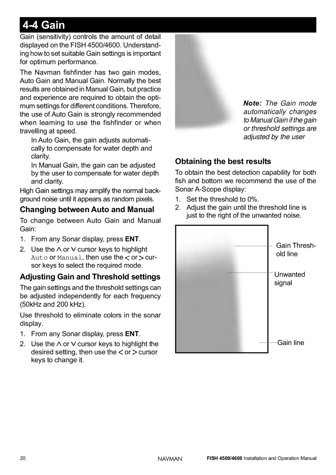 Navman FISH 4500/4600 operation manual Gain, Changing between Auto and Manual, Obtaining the best results 