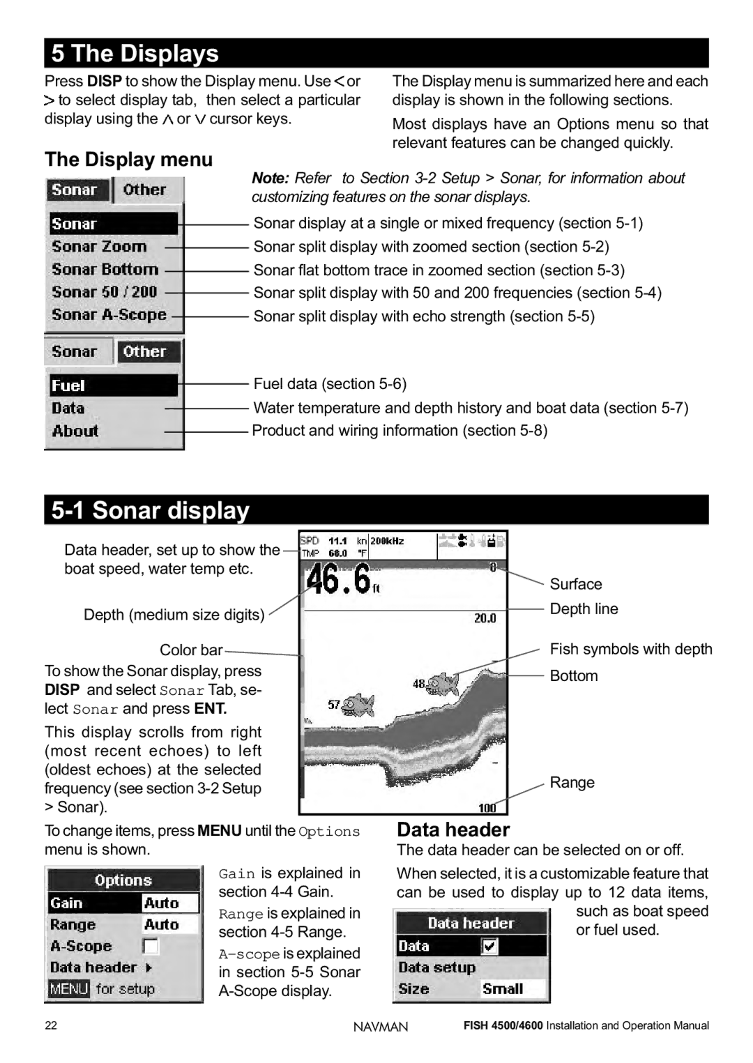 Navman FISH 4500/4600 operation manual Displays, Sonar display, Display menu, Data header 