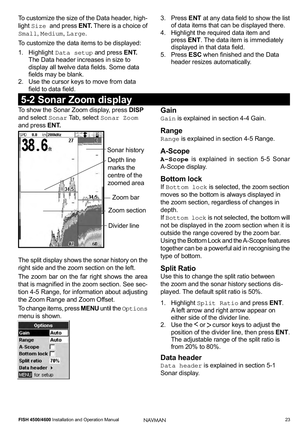 Navman FISH 4500/4600 operation manual Sonar Zoom display 