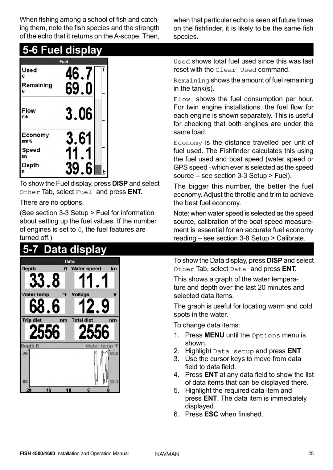 Navman FISH 4500/4600 operation manual Fuel display, Data display 