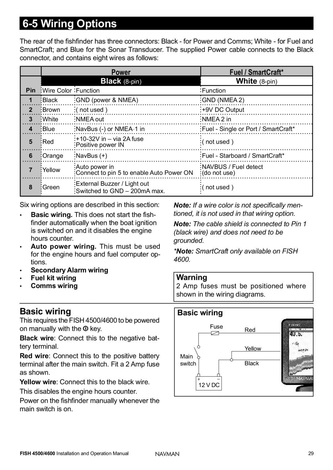 Navman FISH 4500/4600 operation manual Wiring Options, Basic wiring 