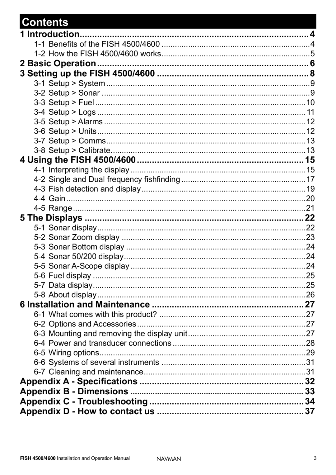 Navman FISH 4500/4600 operation manual Contents 