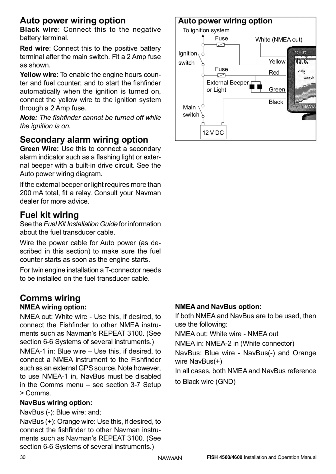 Navman FISH 4500/4600 Auto power wiring option, Secondary alarm wiring option, Fuel kit wiring, Comms wiring 